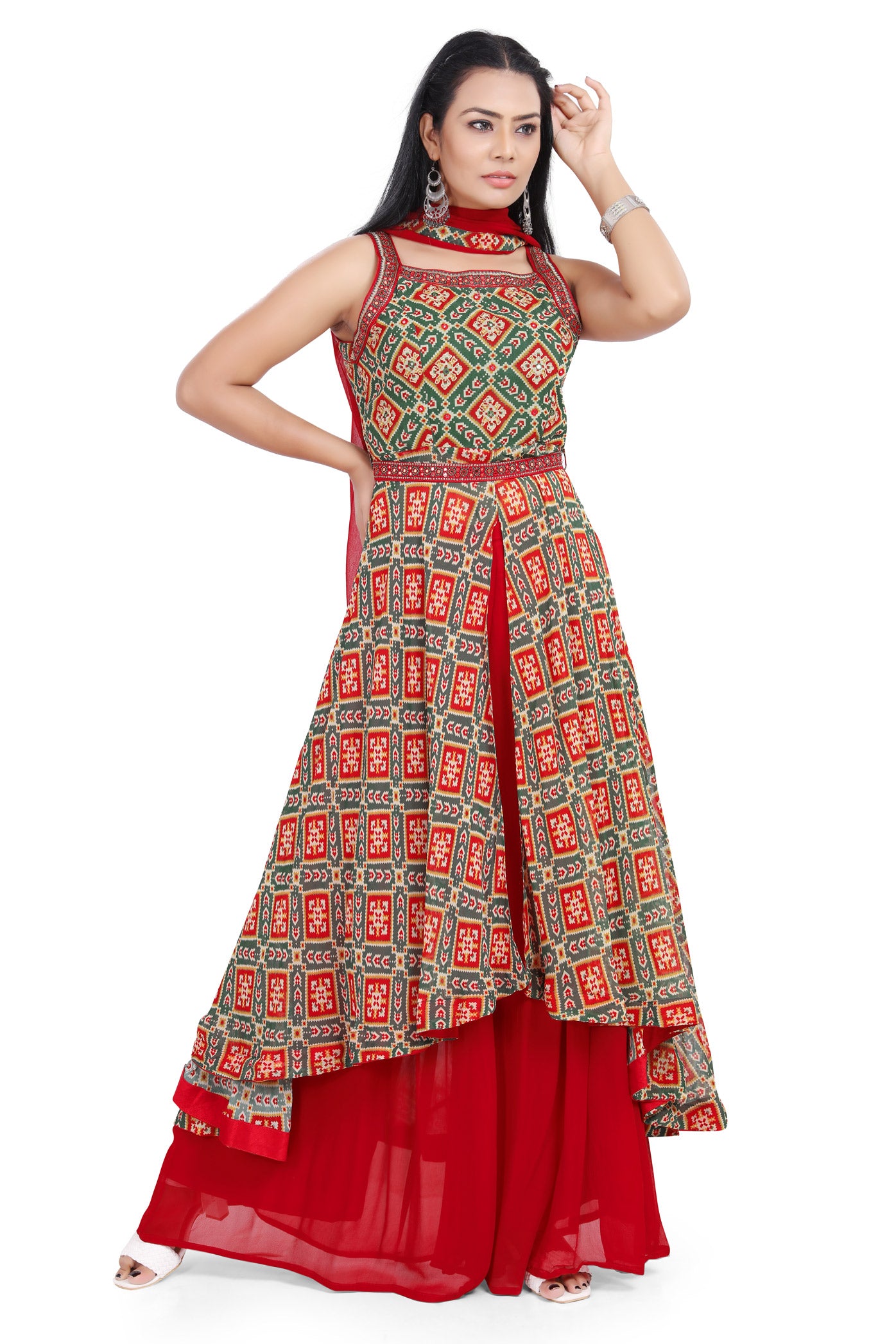 Red and Green Patola Print Hi-Low Palazzo Set-AariAmi Boutique