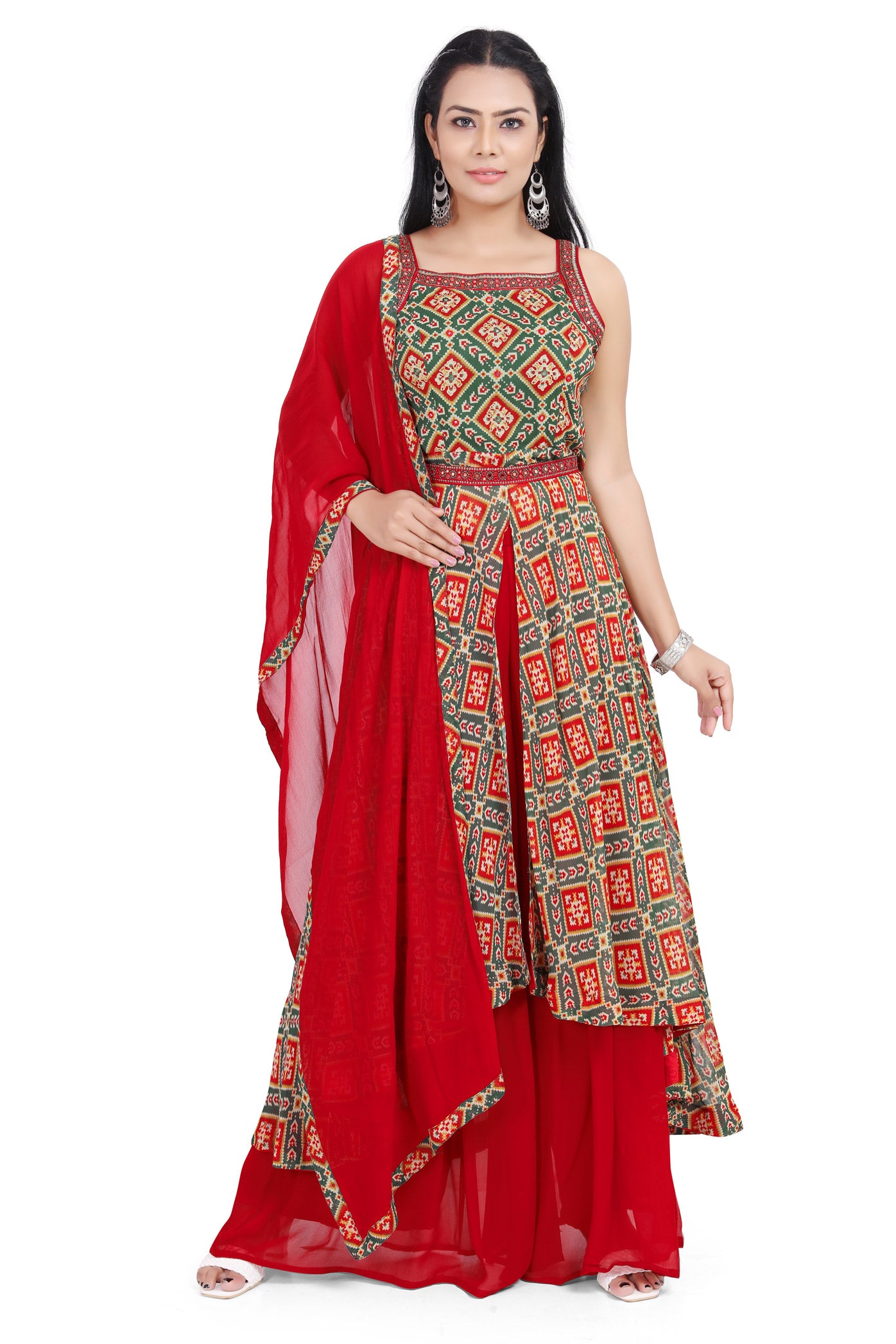 Red and Green Patola Print Hi-Low Palazzo Set-AariAmi Boutique