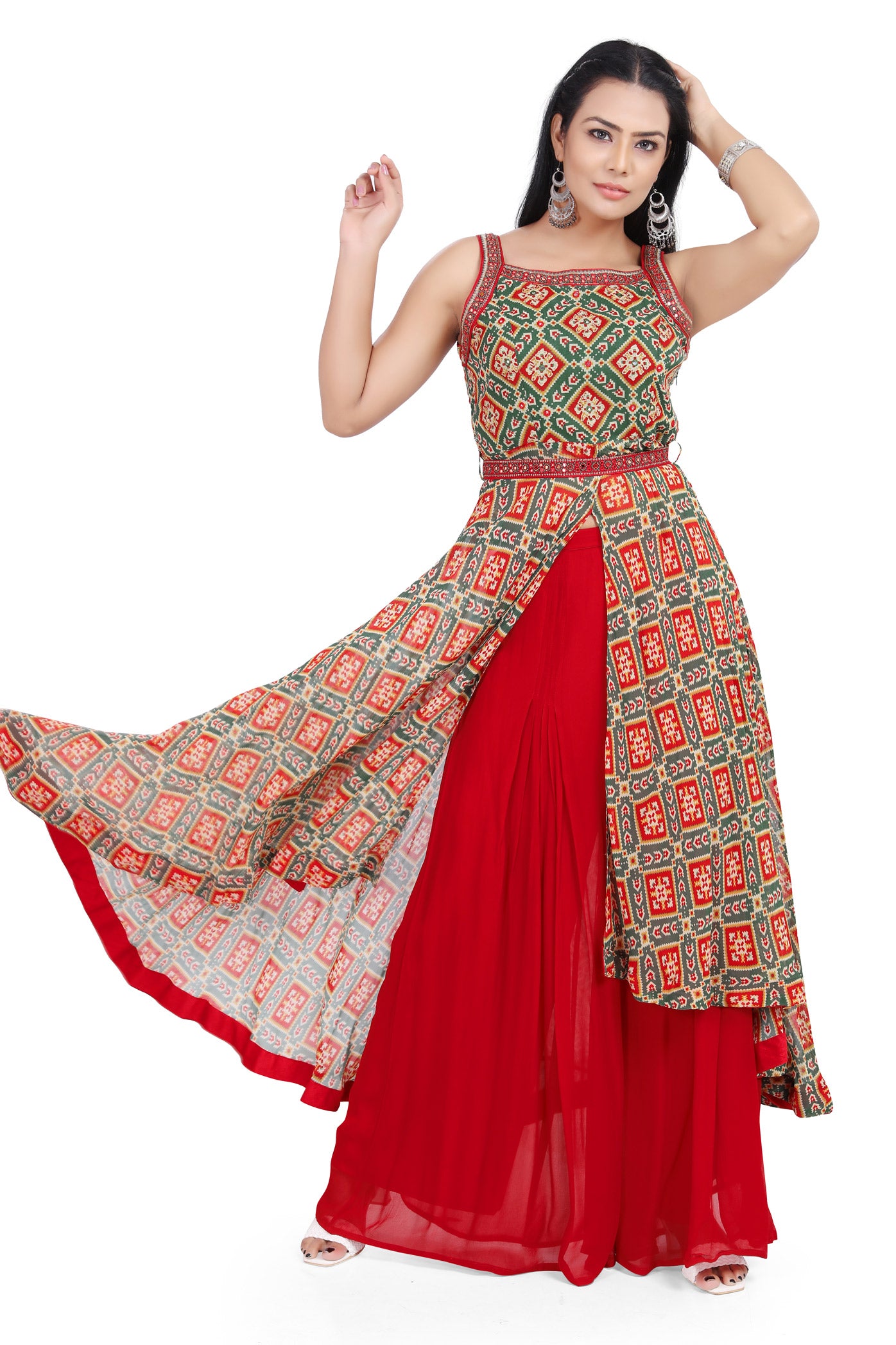 Red and Green Patola Print Hi-Low Palazzo Set-AariAmi Boutique