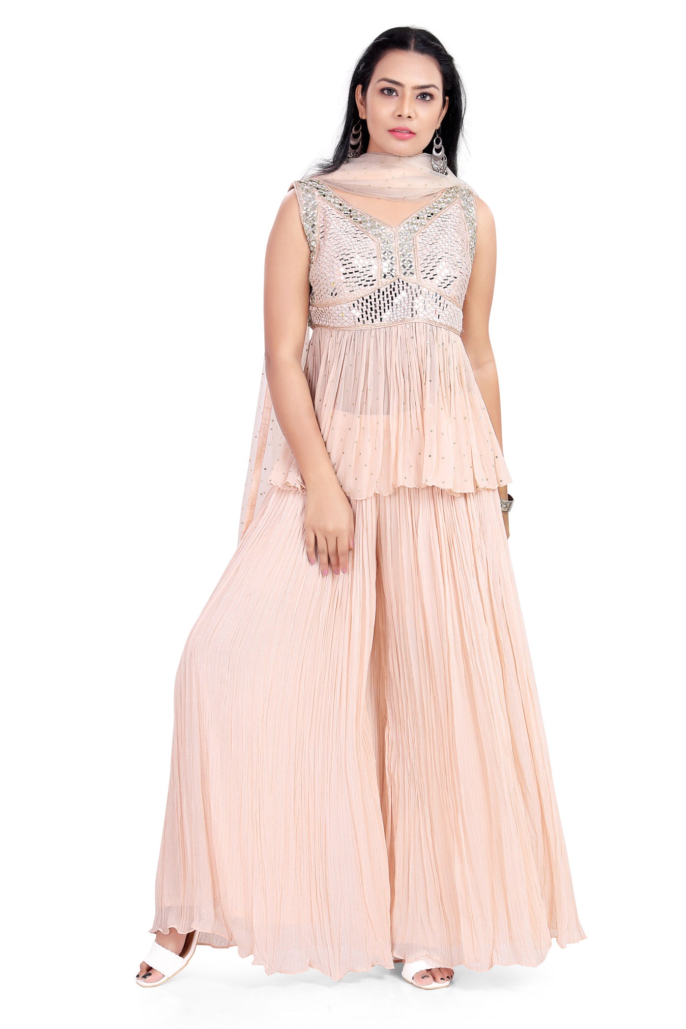 Elegant Peach Mirrorwork Sharara Set-AariAmi Boutique