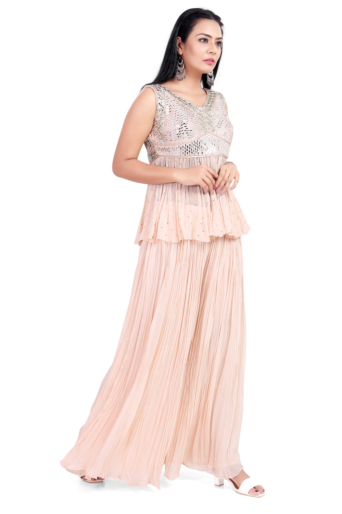 Elegant Peach Mirrorwork Sharara Set-AariAmi Boutique