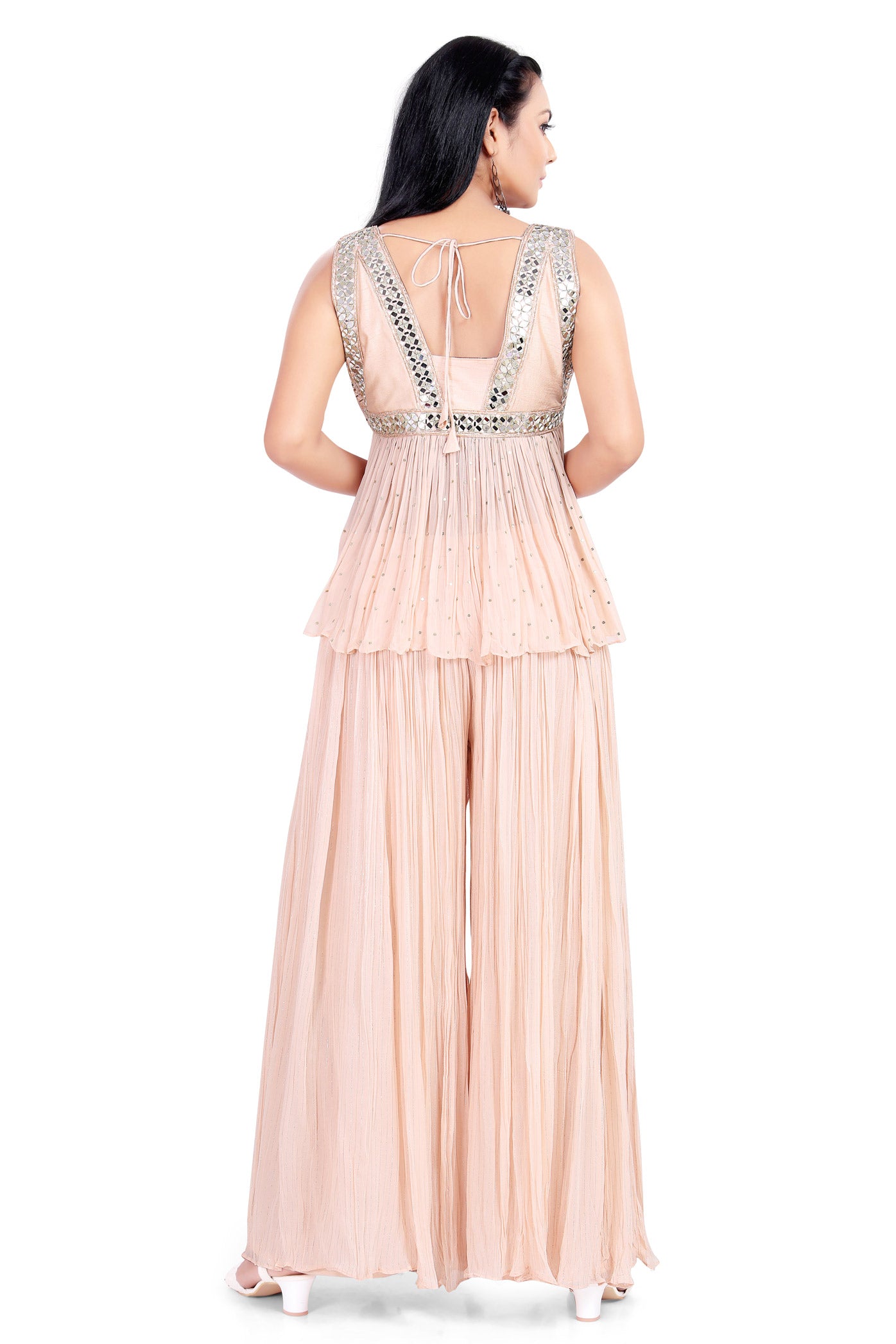 Elegant Peach Mirrorwork Sharara Set-AariAmi Boutique