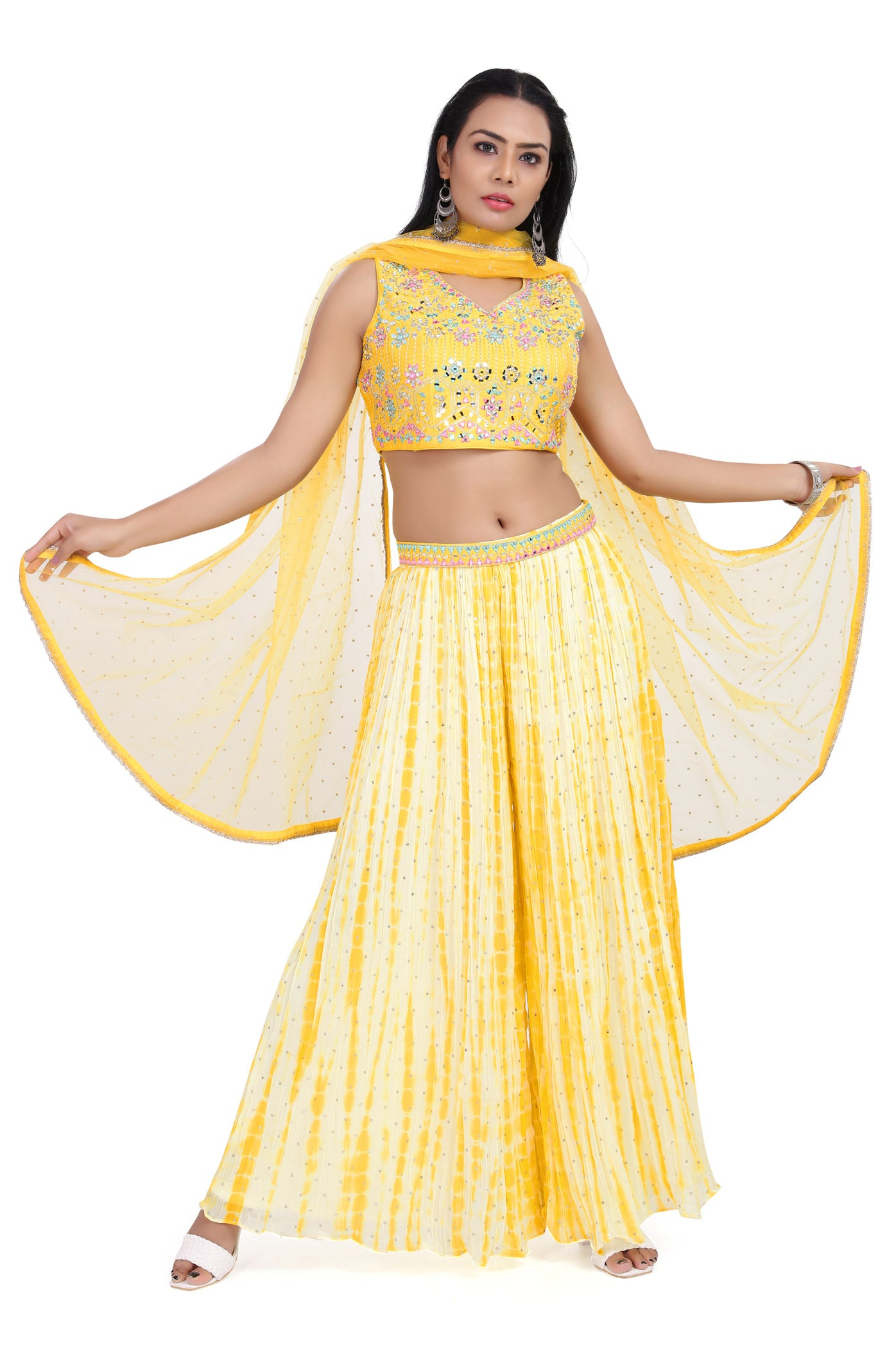 Sunshine Yellow Shibori Tie-Dye with Mirrorwork Sharara Set-AariAmi Boutique