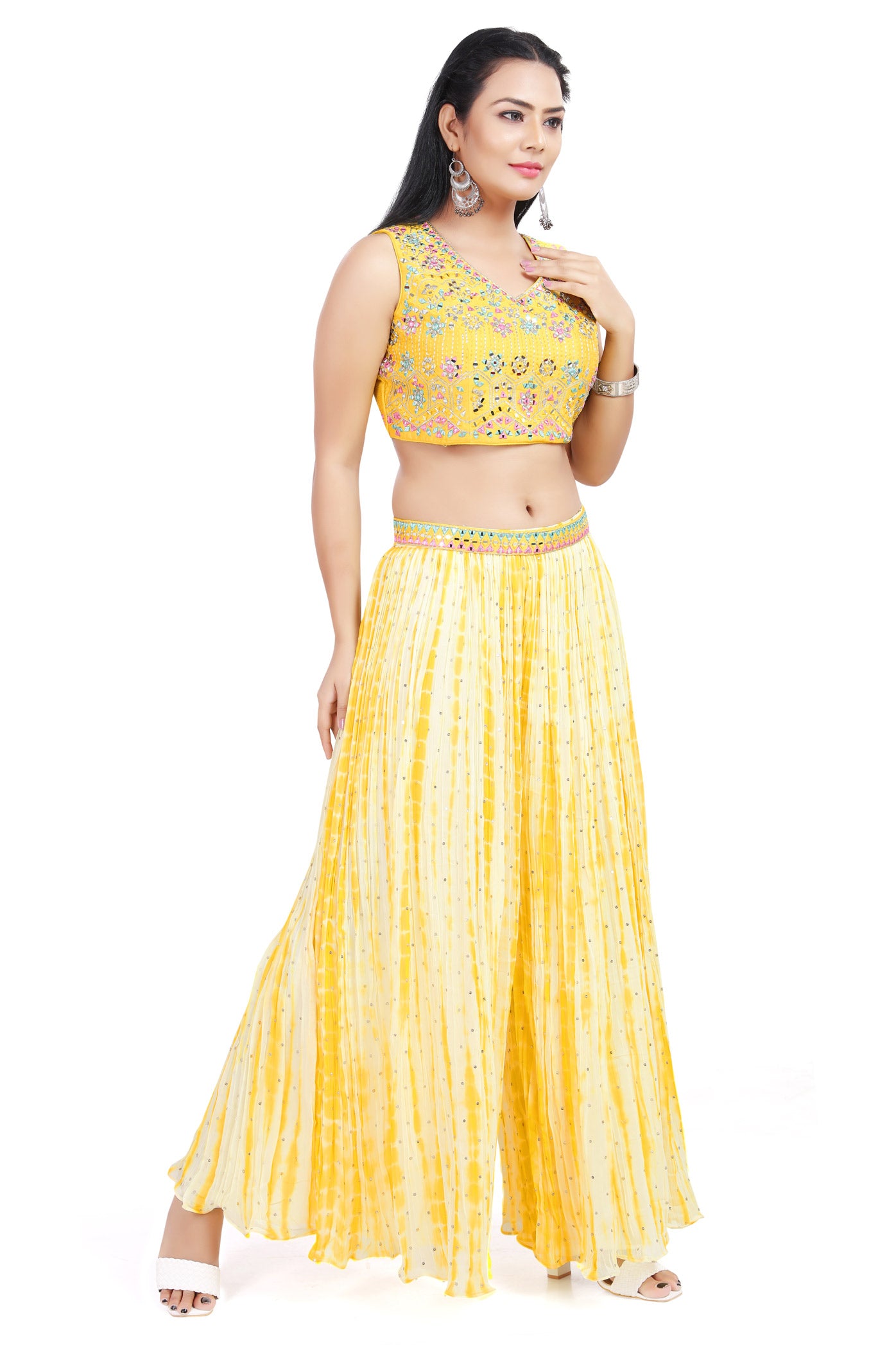 Sunshine Yellow Shibori Tie-Dye with Mirrorwork Sharara Set-AariAmi Boutique