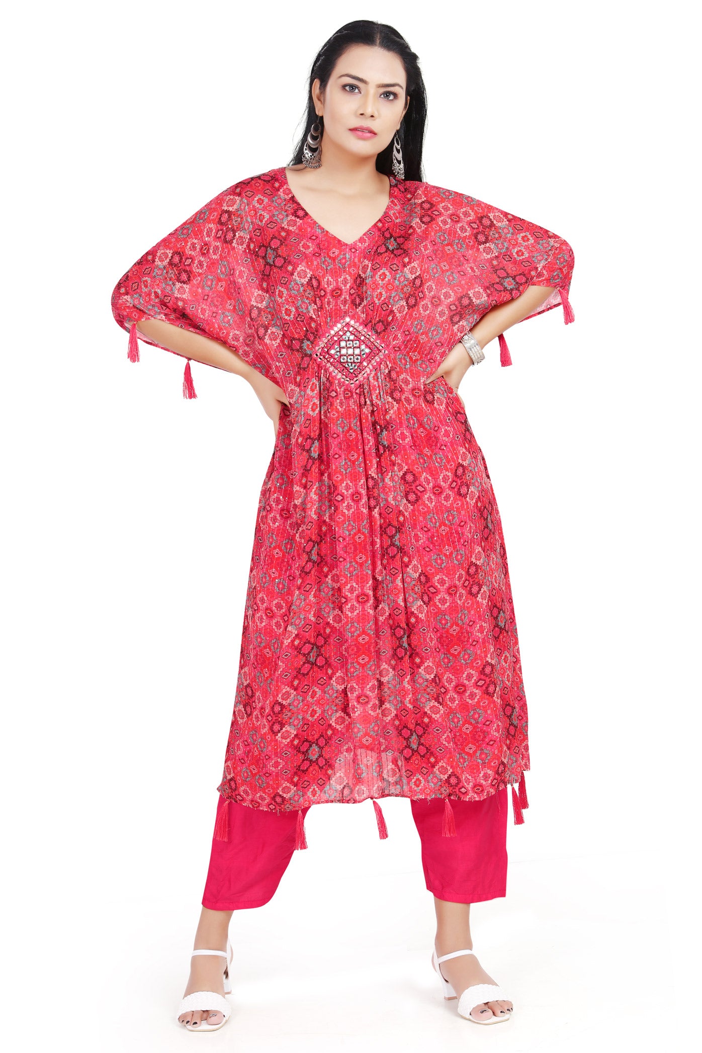 Red Sequin Studded Kaftan Set-AariAmi Boutique