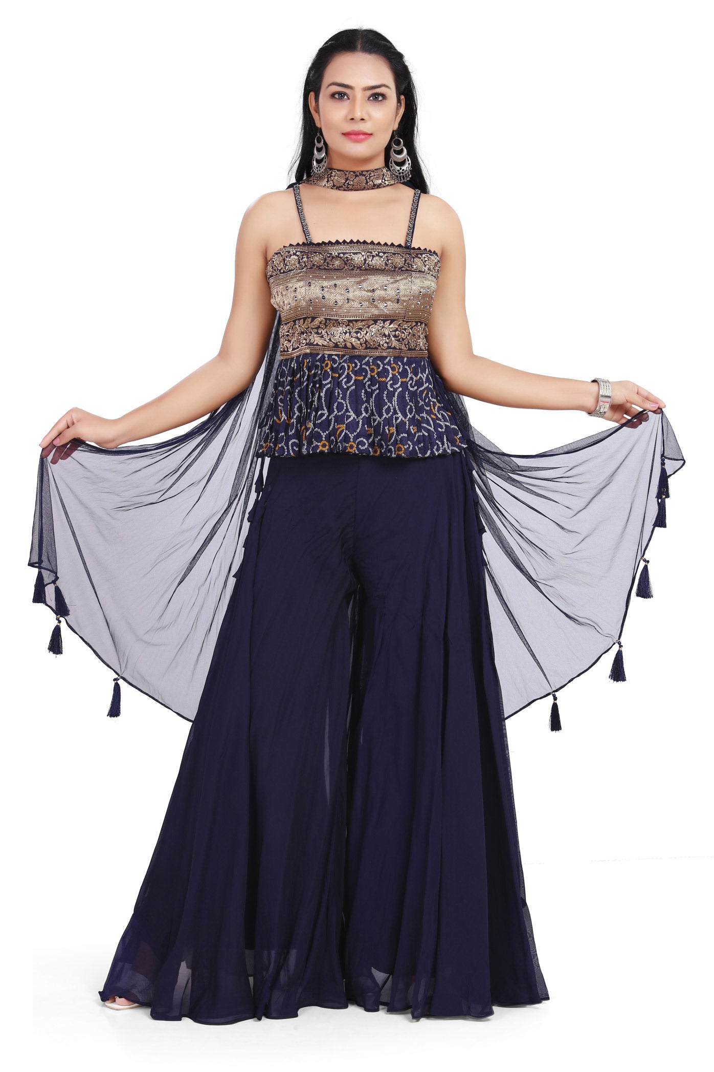 Midnight Blue Brocade Peplum Top Palazzo Set-AariAmi Boutique