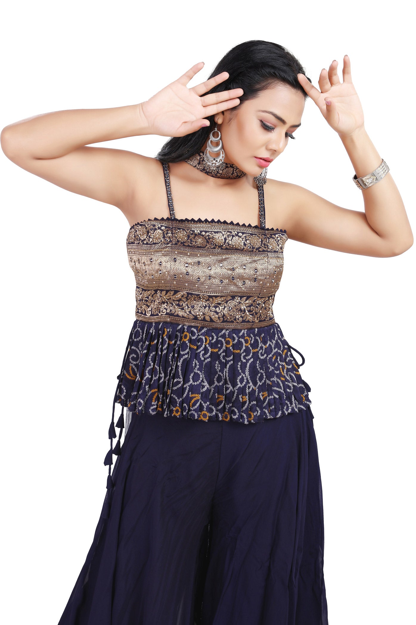 Midnight Blue Brocade Peplum Top Palazzo Set-AariAmi Boutique