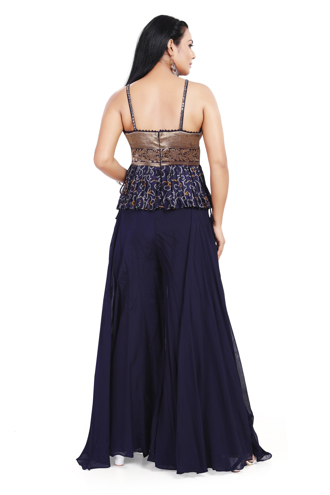 Midnight Blue Brocade Peplum Top Palazzo Set-AariAmi Boutique