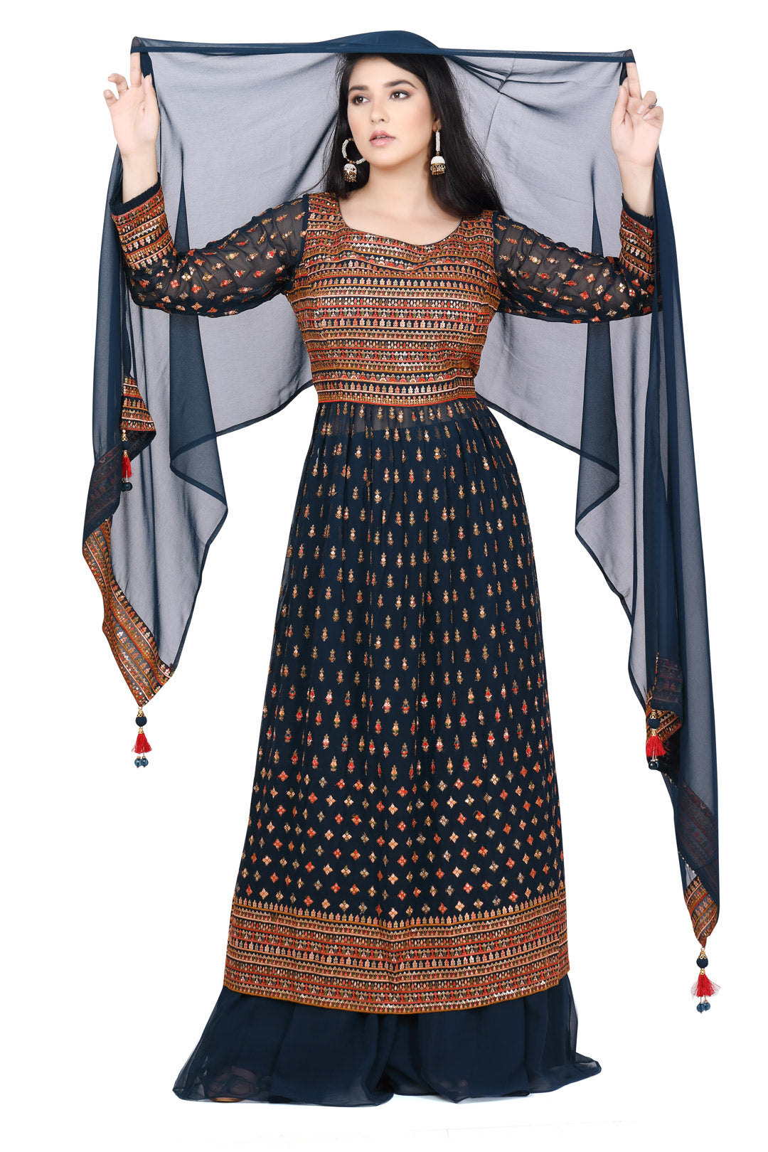 Blue and Red Embroidered Palazzo Set-AariAmi Boutique