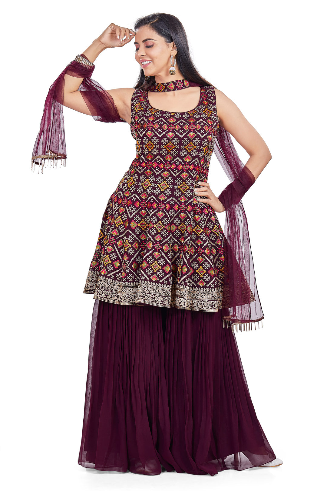 Burgundy Embroidered Gharara Set-AariAmi Boutique