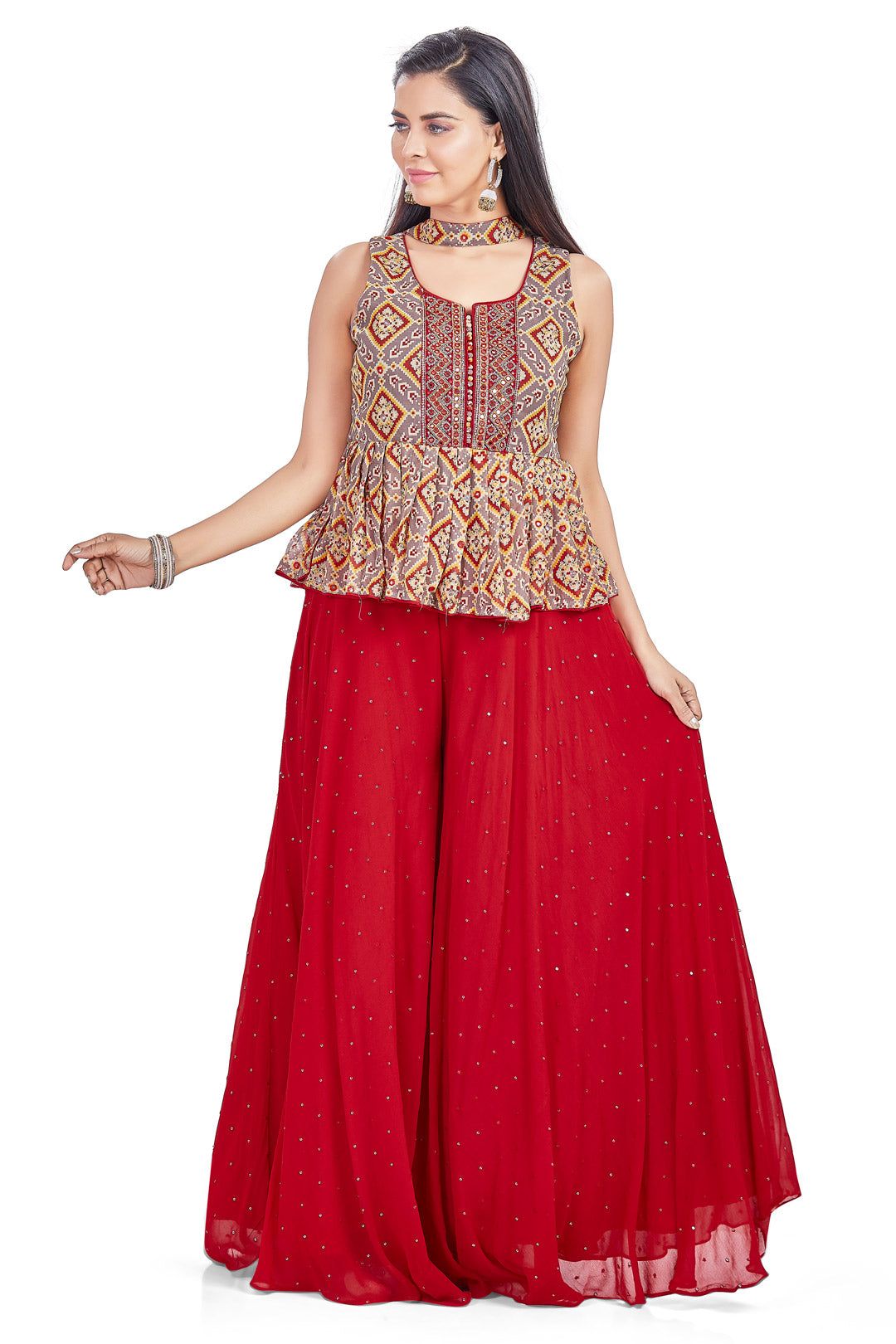 Grey and Red Patola Print Mirrorwork Peplum Top Palazzo Set-AariAmi Boutique