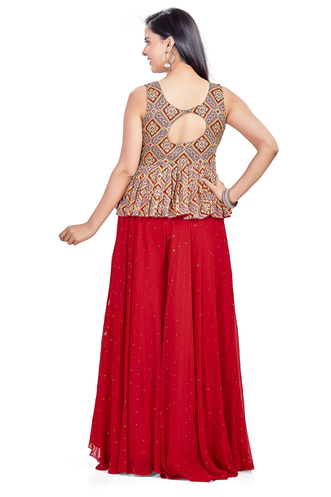 Grey and Red Patola Print Mirrorwork Peplum Top Palazzo Set-AariAmi Boutique