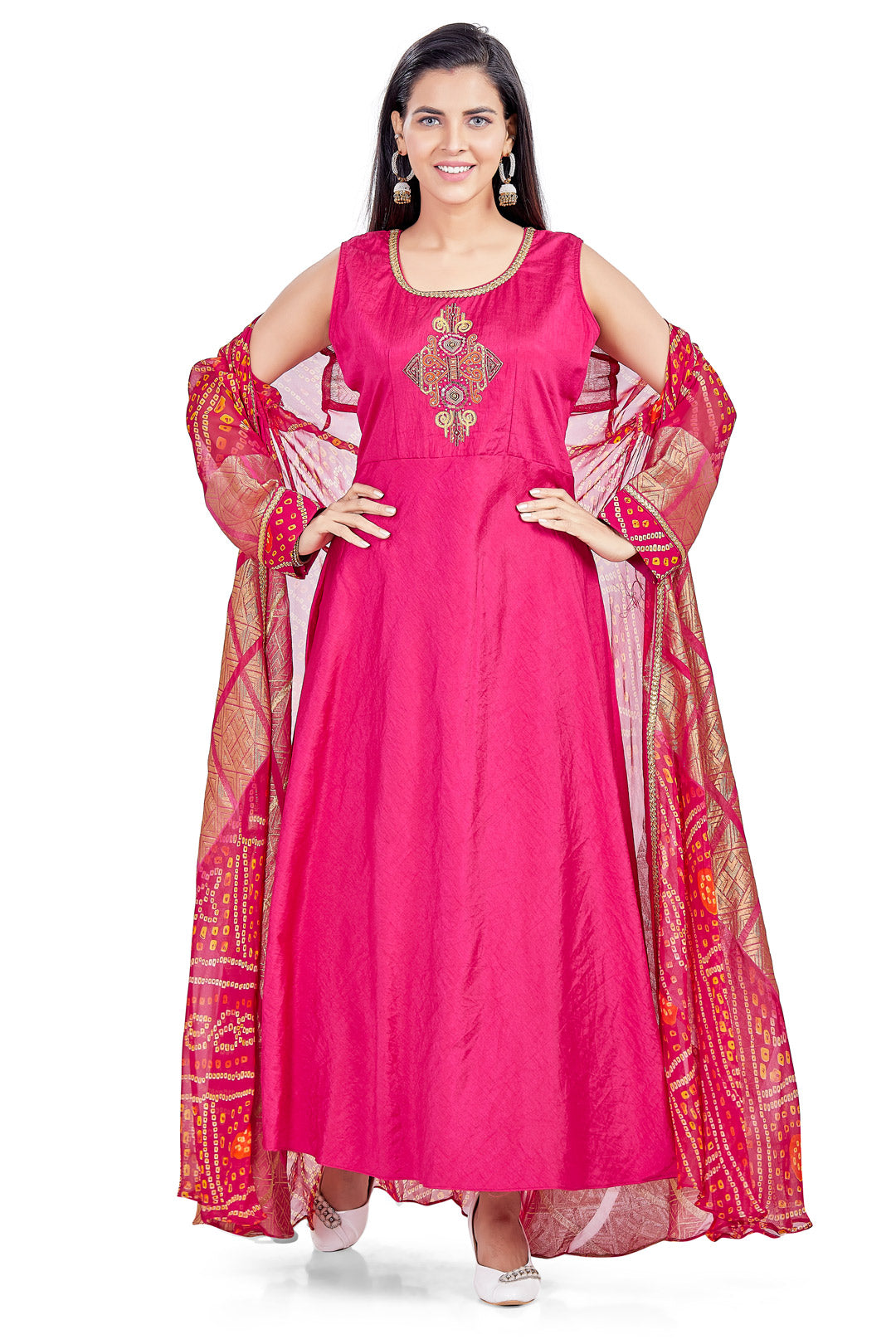 Pink Bandhani Anarkali Set with Jacket-AariAmi Boutique