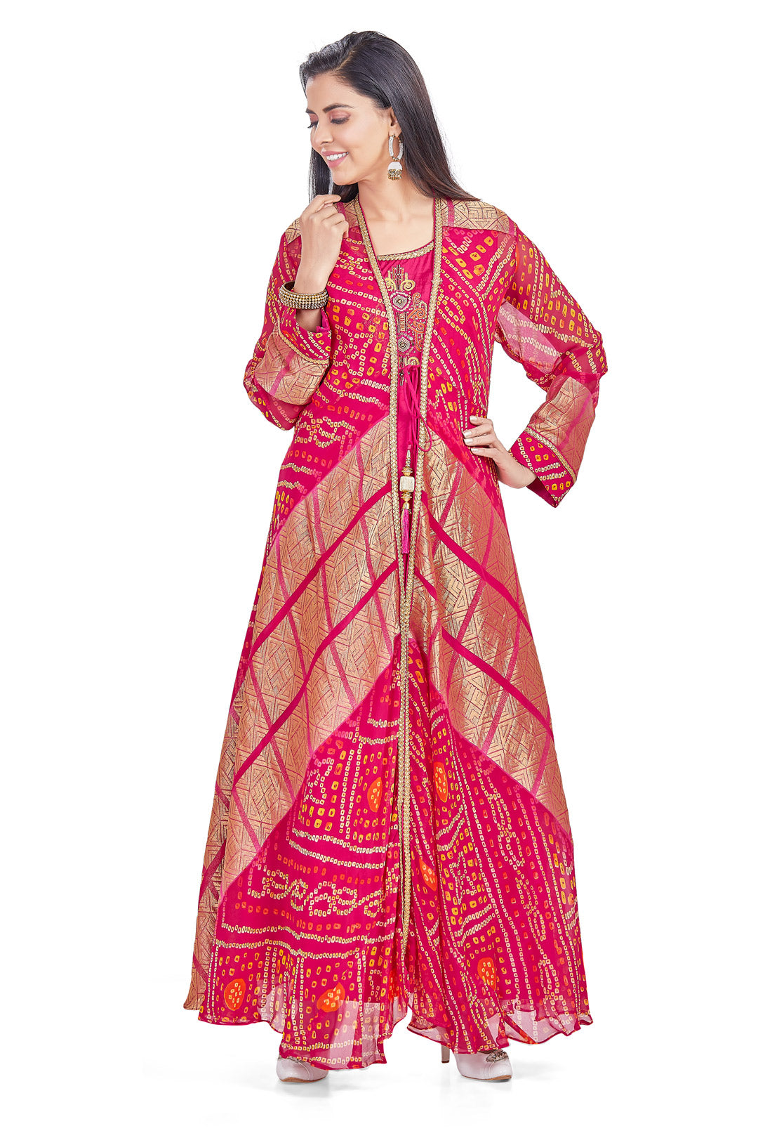 Pink Bandhani Anarkali Set with Jacket-AariAmi Boutique