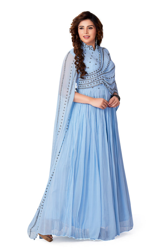 Pastel Blue Anarkali Set with Pre Stitched Dupatta