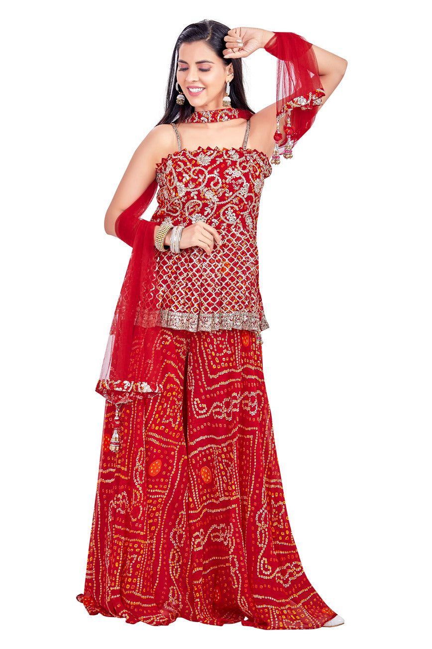 Red Bandhani Sequin Peplum Top Palazzo Set-AariAmi Boutique