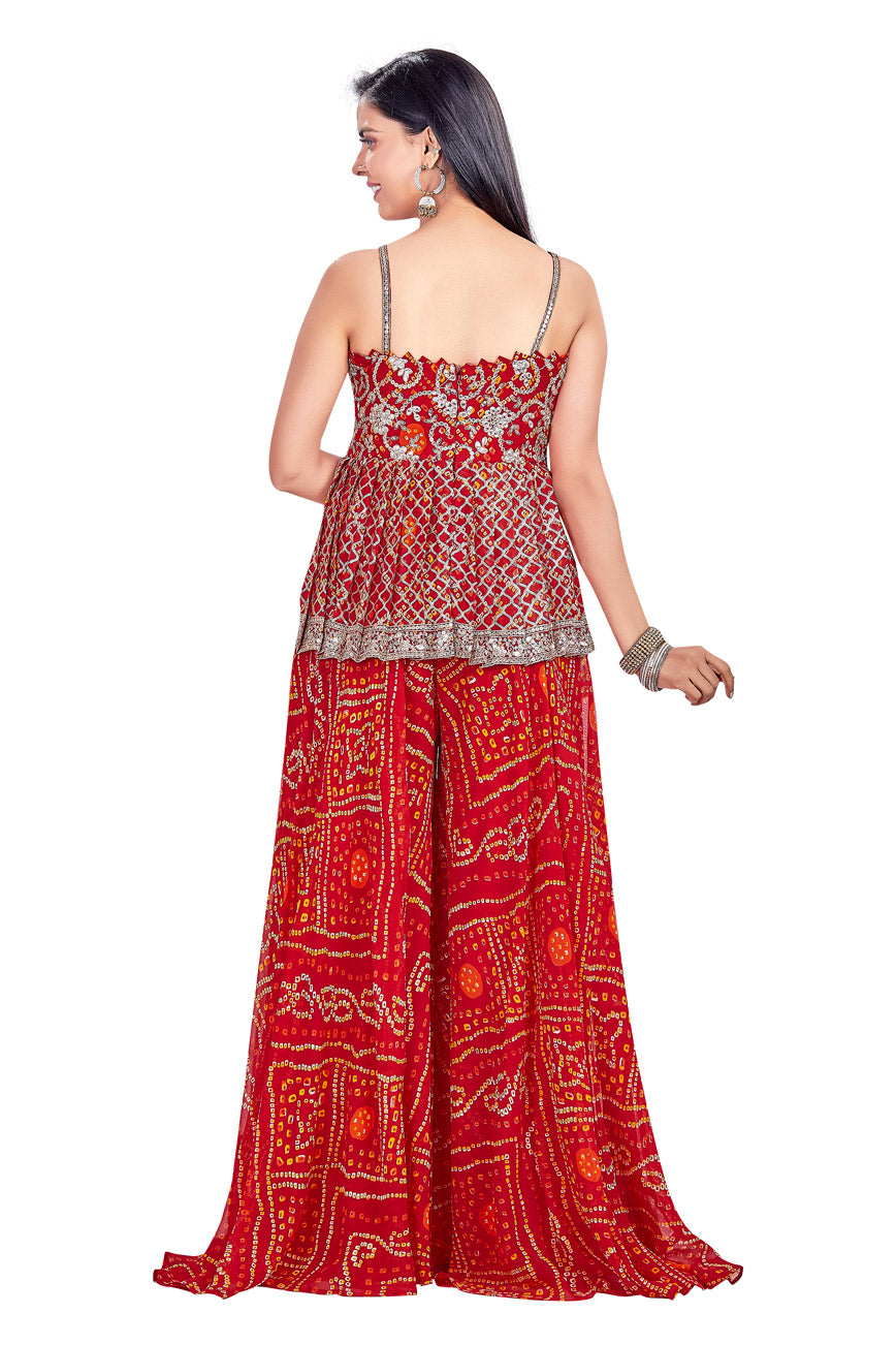 Red Bandhani Sequin Peplum Top Palazzo Set-AariAmi Boutique