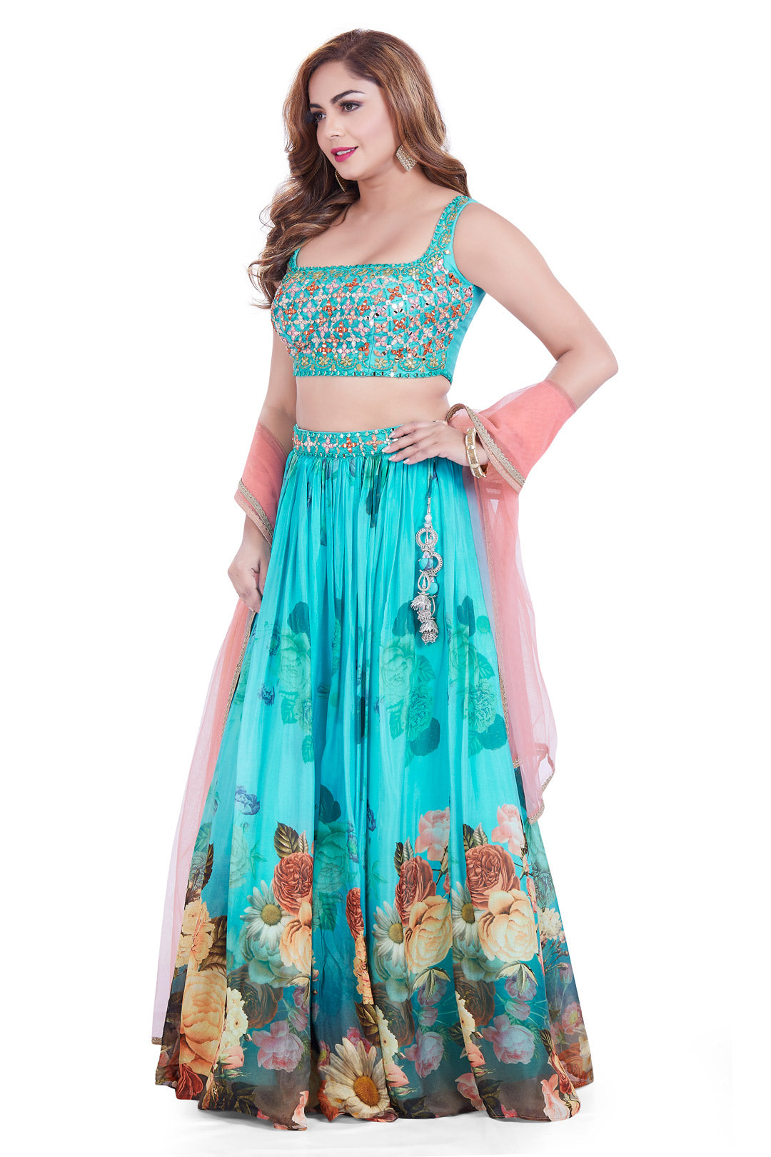 Turquoise Blue Floral Printed Mirrorwork Crop Top Lehenga Set-AariAmi Boutique