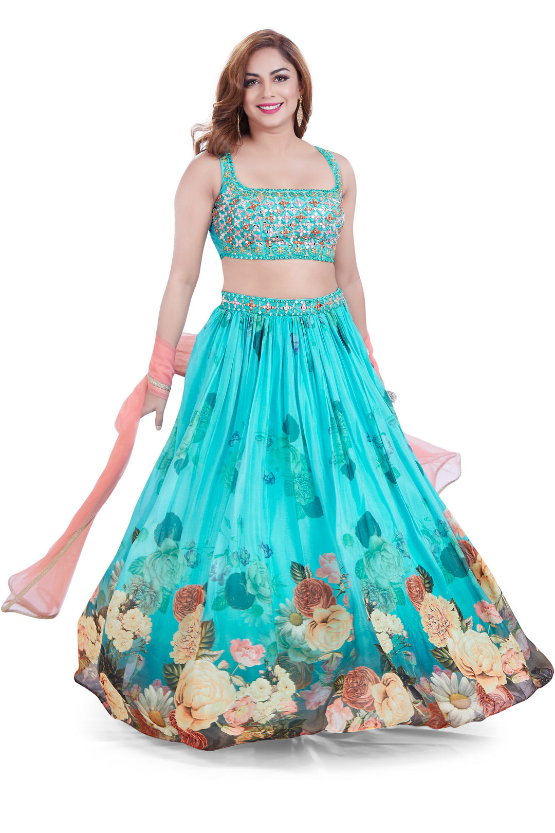 Turquoise Blue Floral Printed Mirrorwork Crop Top Lehenga Set-AariAmi Boutique