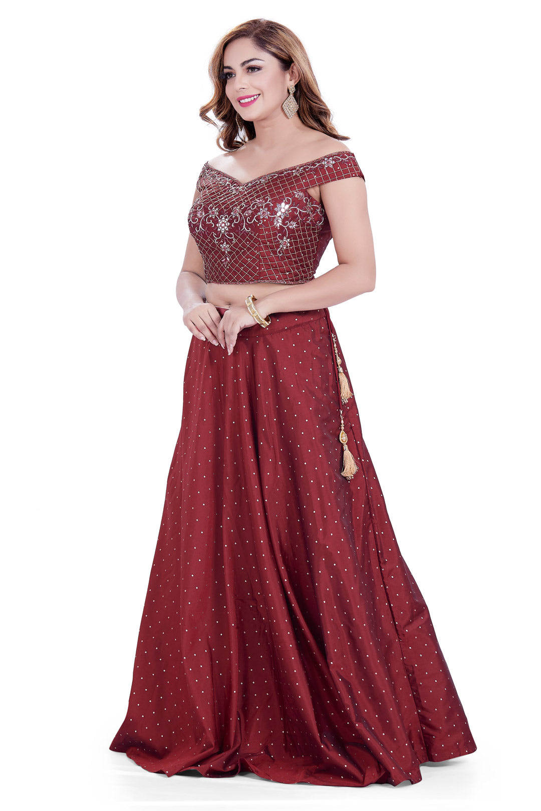 Burgundy Off-Shoulder Crop Top Lehenga Set-AariAmi Boutique