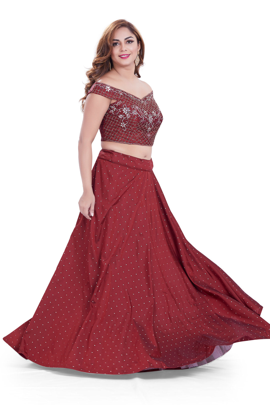 Burgundy Off-Shoulder Crop Top Lehenga Set-AariAmi Boutique