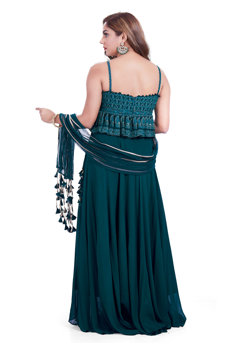 Teal Lucknowi Embroidered Sequin Embellished Palazzo Set-AariAmi Boutique