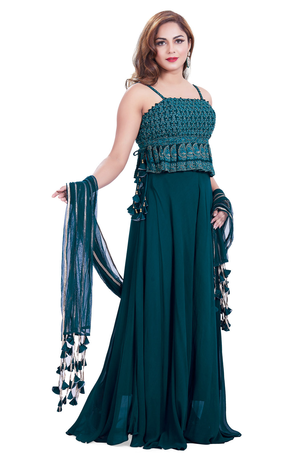 Teal Lucknowi Embroidered Sequin Embellished Palazzo Set-AariAmi Boutique