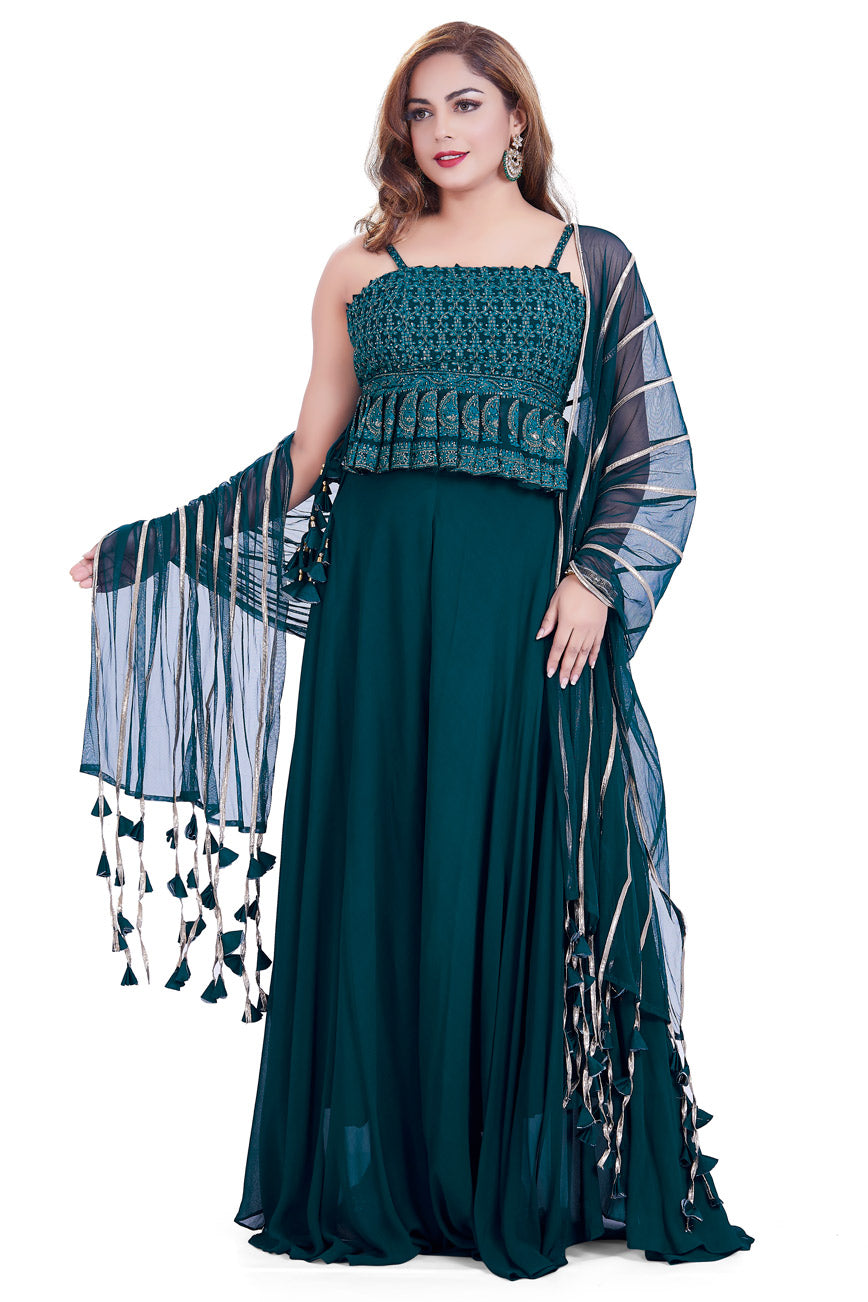 Teal Lucknowi Embroidered Sequin Embellished Palazzo Set-AariAmi Boutique