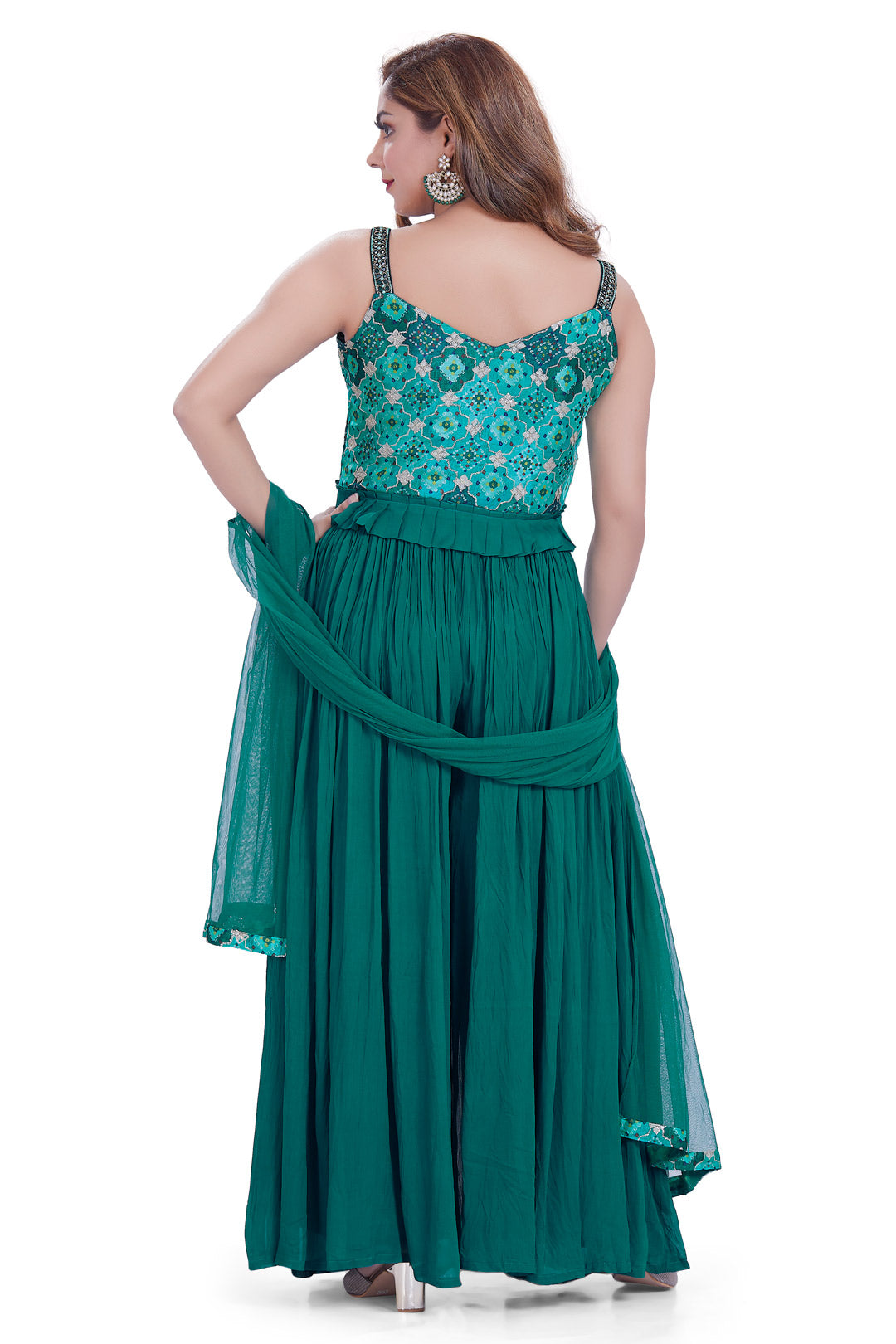 Blue Green Bandhani Mirrorwork Crop Top Palazzo Set-AariAmi Boutique