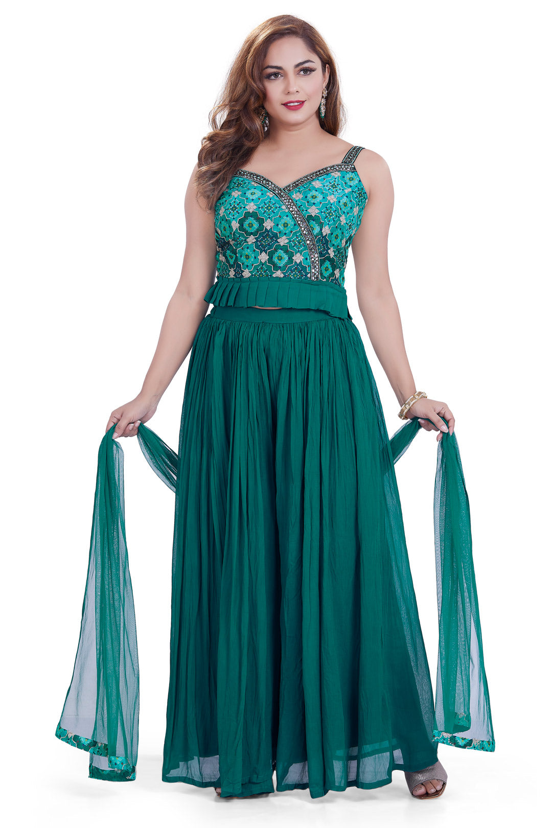 Blue Green Bandhani Mirrorwork Crop Top Palazzo Set-AariAmi Boutique