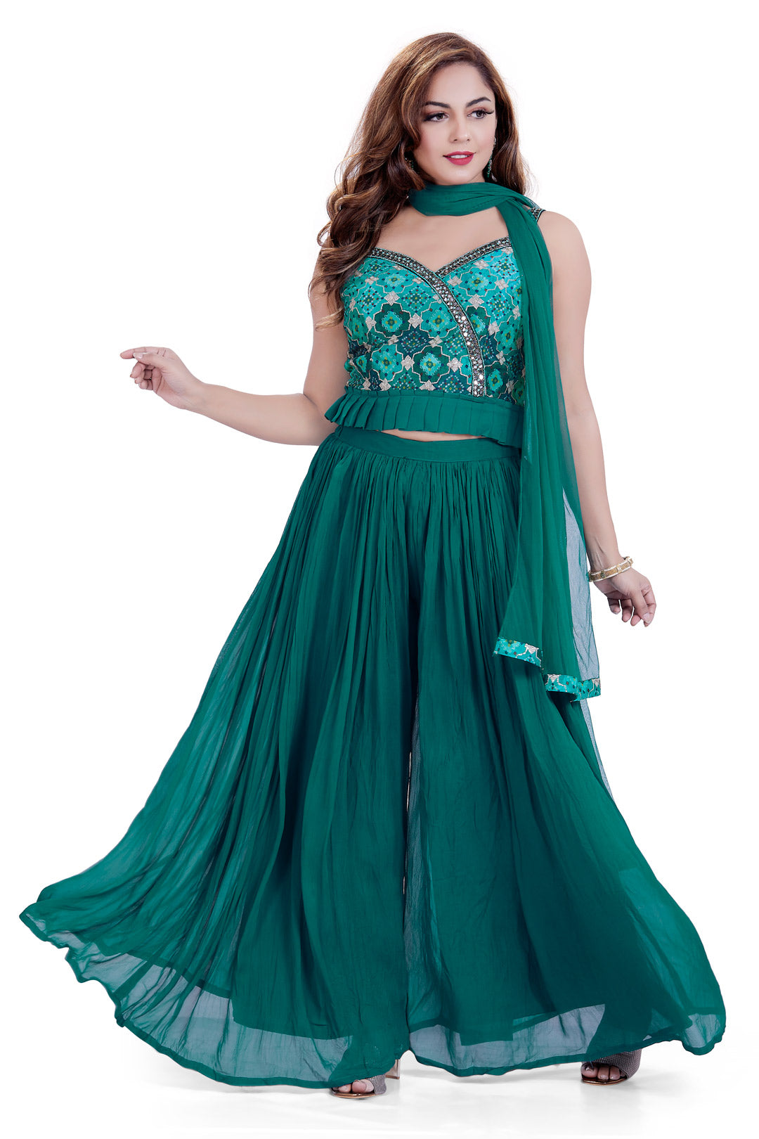 Blue Green Bandhani Mirrorwork Crop Top Palazzo Set-AariAmi Boutique