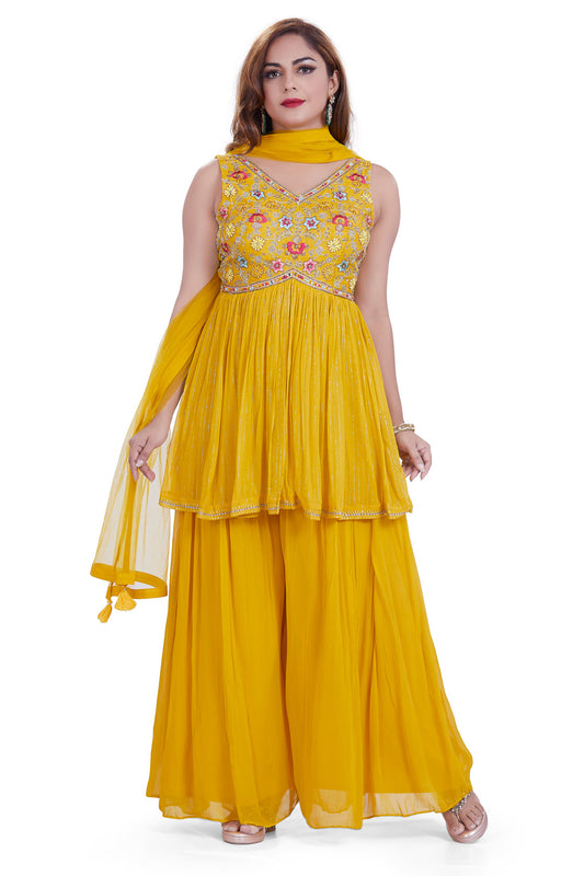 Golden Yellow Embroidered Shimmery Top Palazzo Set-AariAmi Boutique