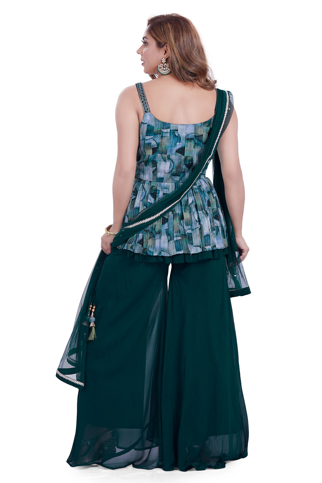 Deep Green Printed Peplum Top Palazzo Set-AariAmi Boutique