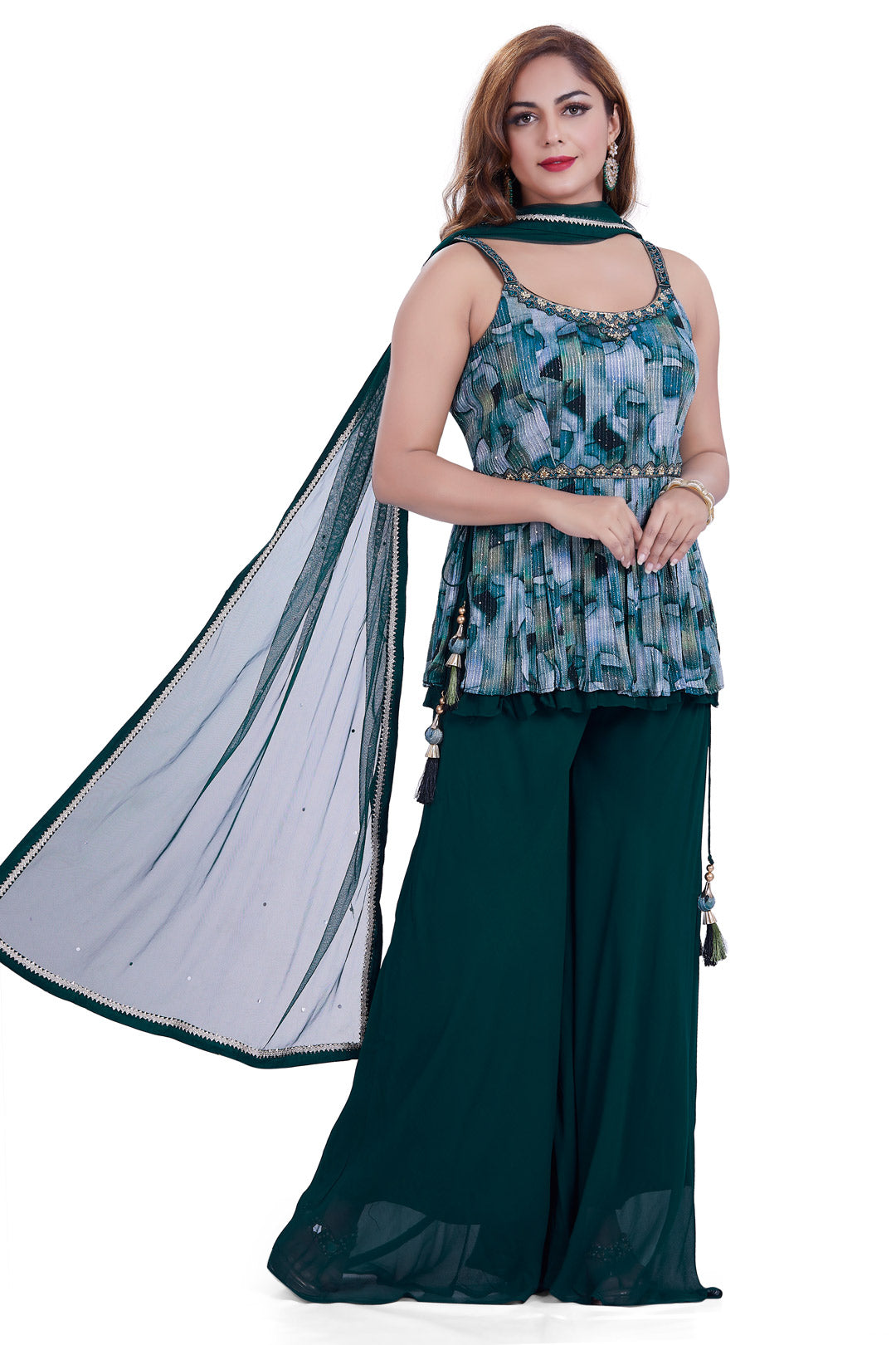 Deep Green Printed Peplum Top Palazzo Set-AariAmi Boutique