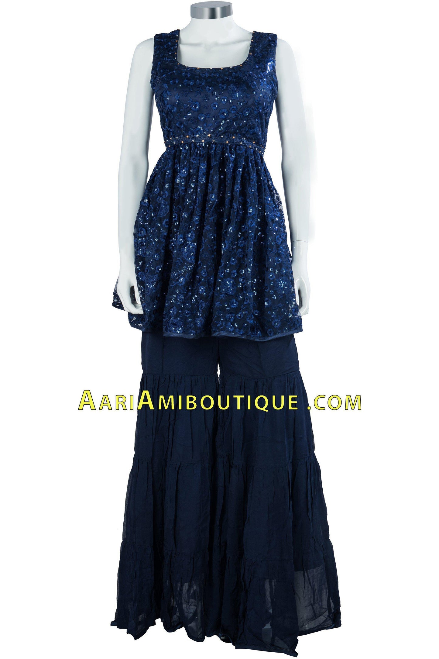 Blue Sequin Studded Embroidered Gharara Set-AariAmi Boutique