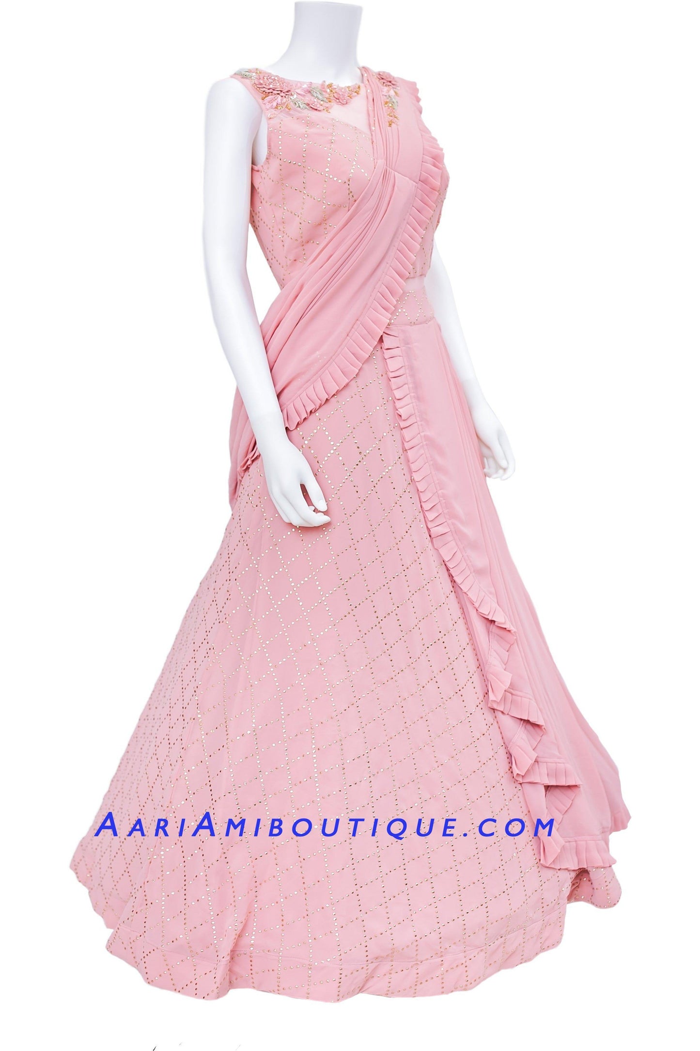 Blush Pink Anarkali Set with stiched dupatta in Saree Drape Pattern-AariAmi Boutique