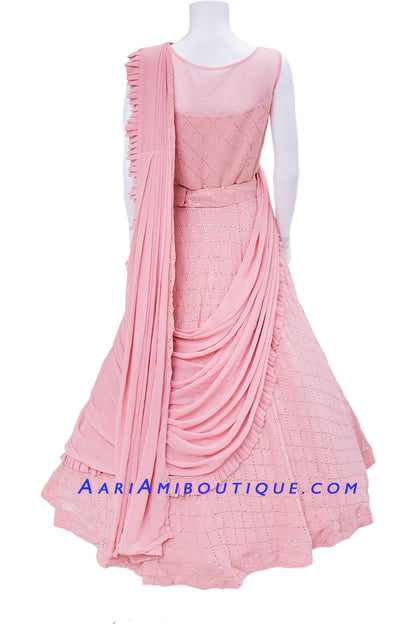 Blush Pink Anarkali Set with stiched dupatta in Saree Drape Pattern-AariAmi Boutique