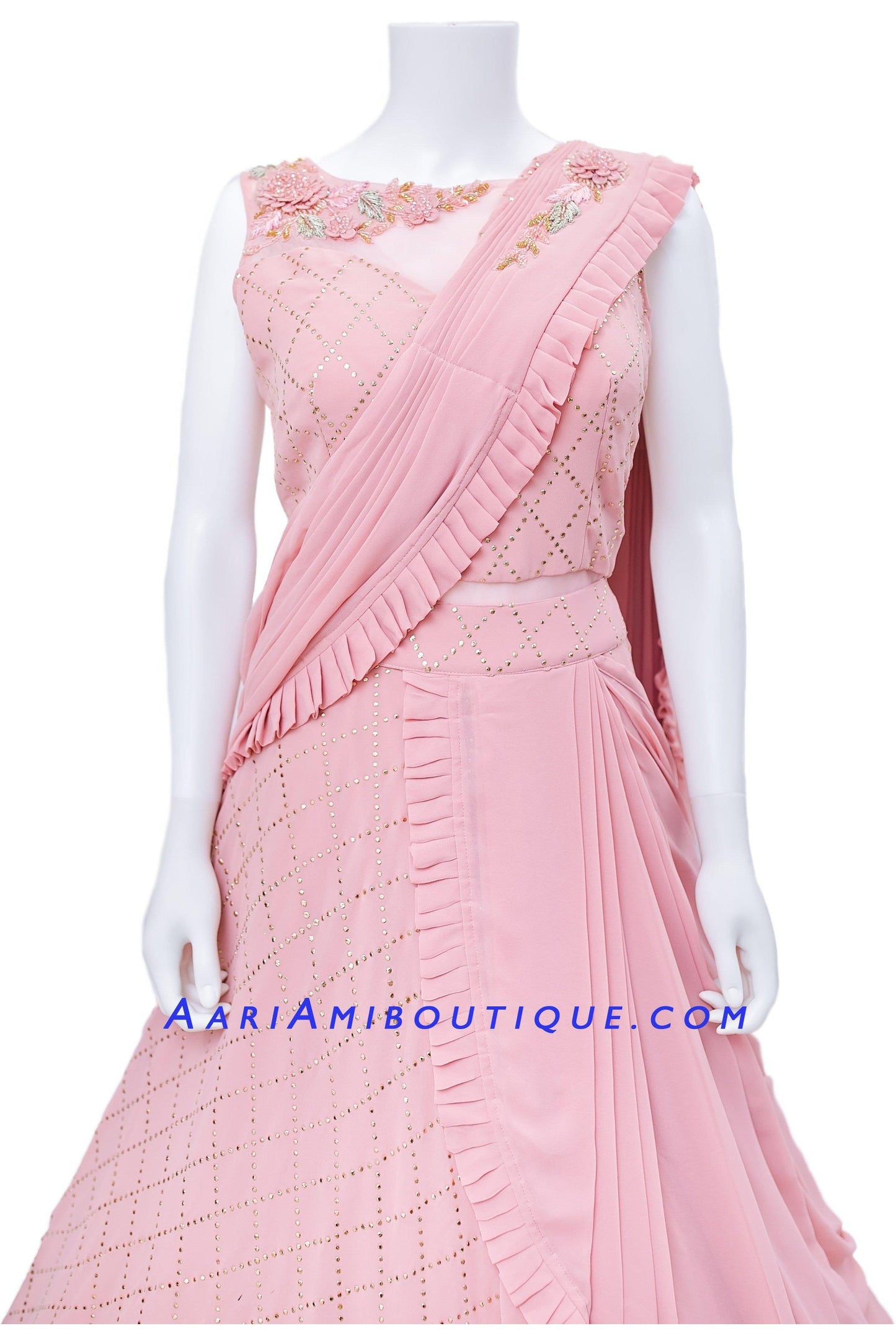 Blush Pink Anarkali Set with stiched dupatta in Saree Drape Pattern-AariAmi Boutique