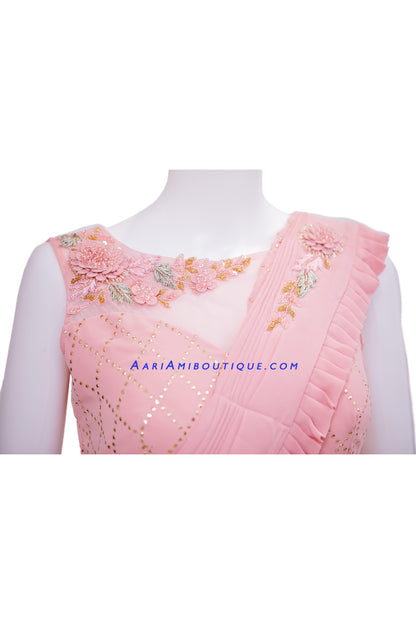 Blush Pink Anarkali Set with stiched dupatta in Saree Drape Pattern-AariAmi Boutique