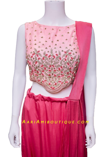 Blush Pink Classic Cowl Skirt set with attached Drape Dupatta-AariAmi Boutique