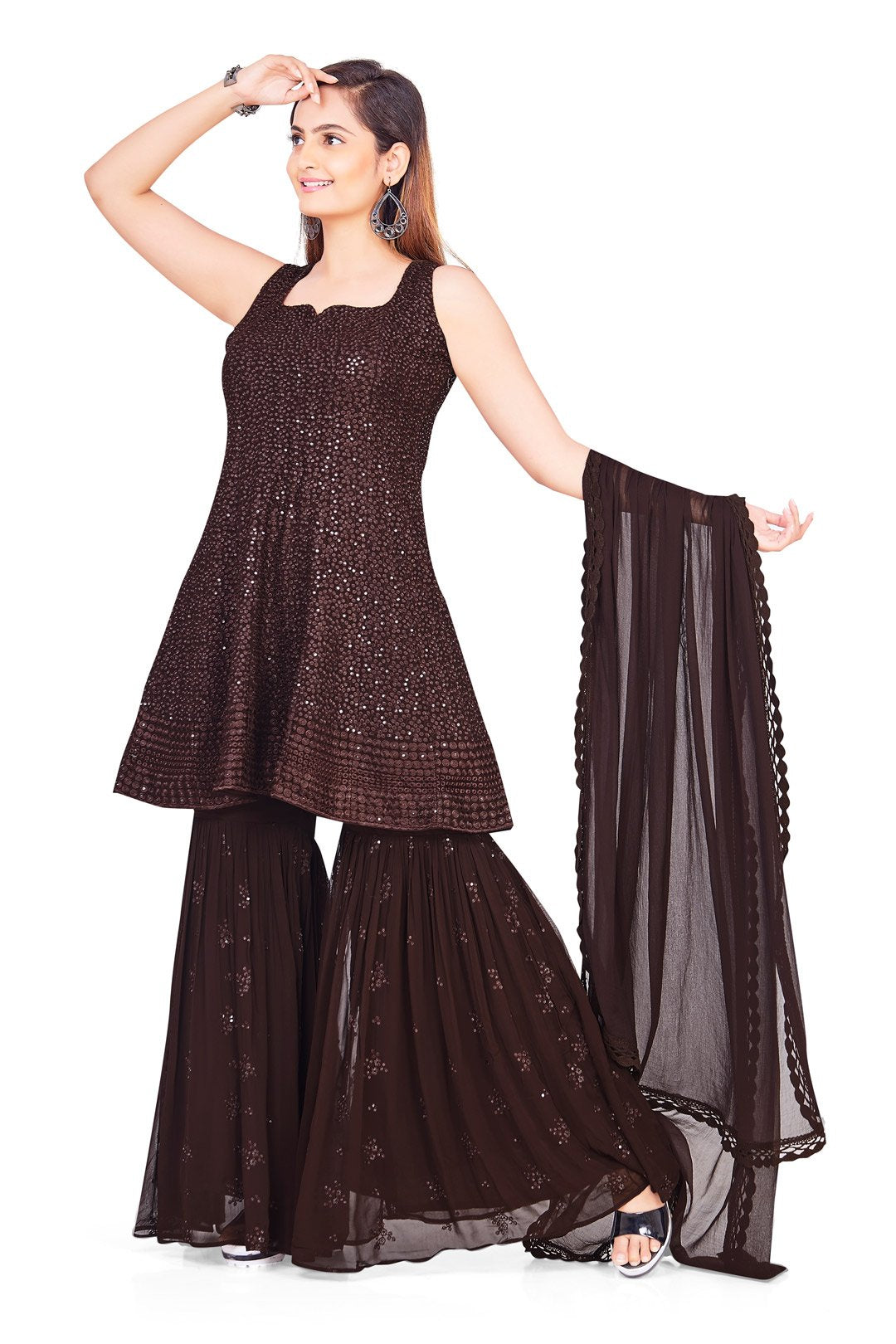 Bold Amber Brown Embroidered Gharara Set-AariAmi Boutique