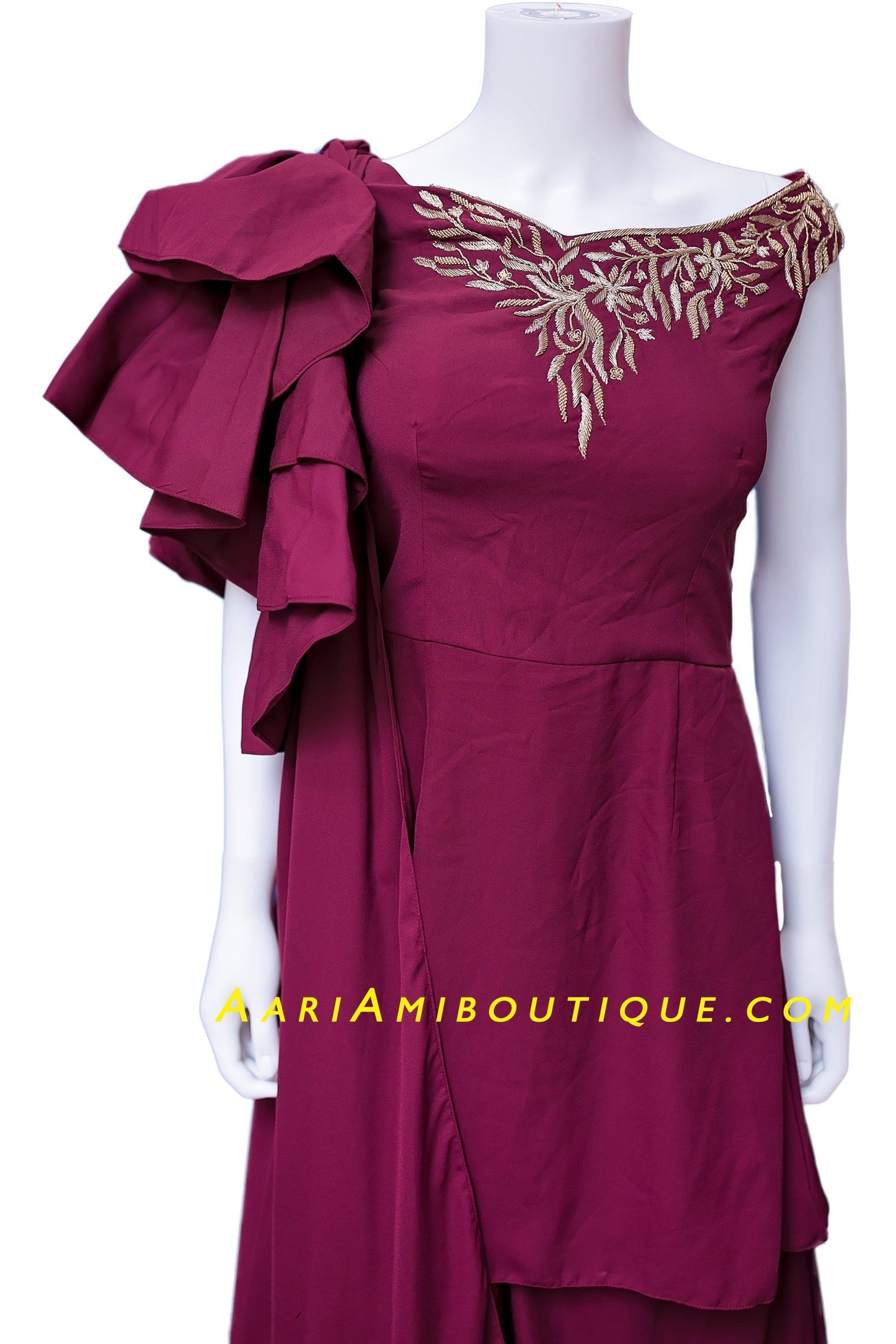 Burgundy and Gold Embroidered Dhoti Set with attached dupatta drape-AariAmi Boutique