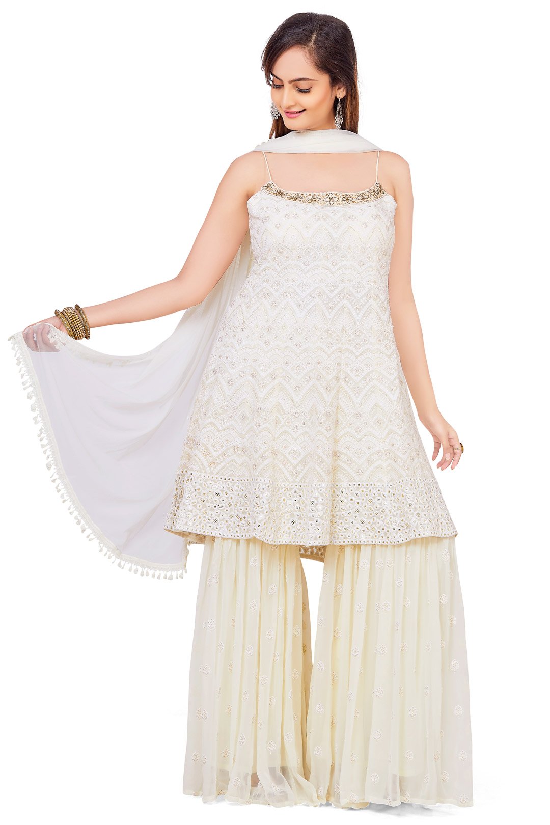 Coconut White Lucknowi Embroidered Sharara Set-AariAmi Boutique