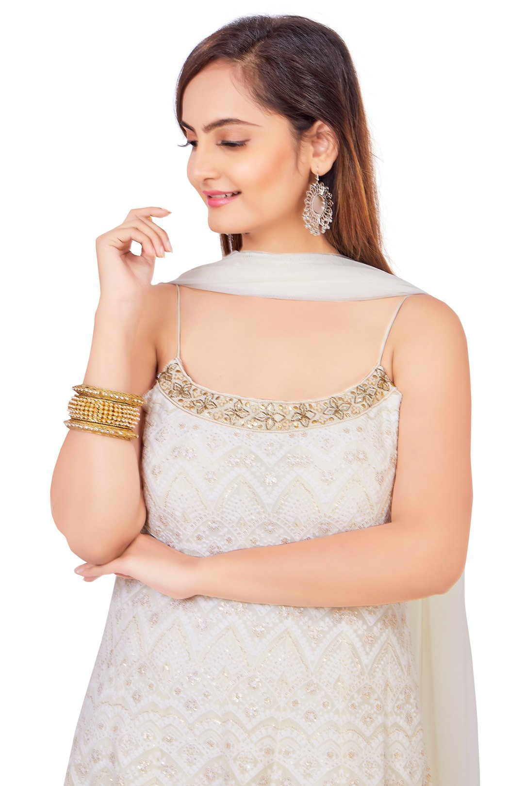 Coconut White Lucknowi Embroidered Sharara Set-AariAmi Boutique