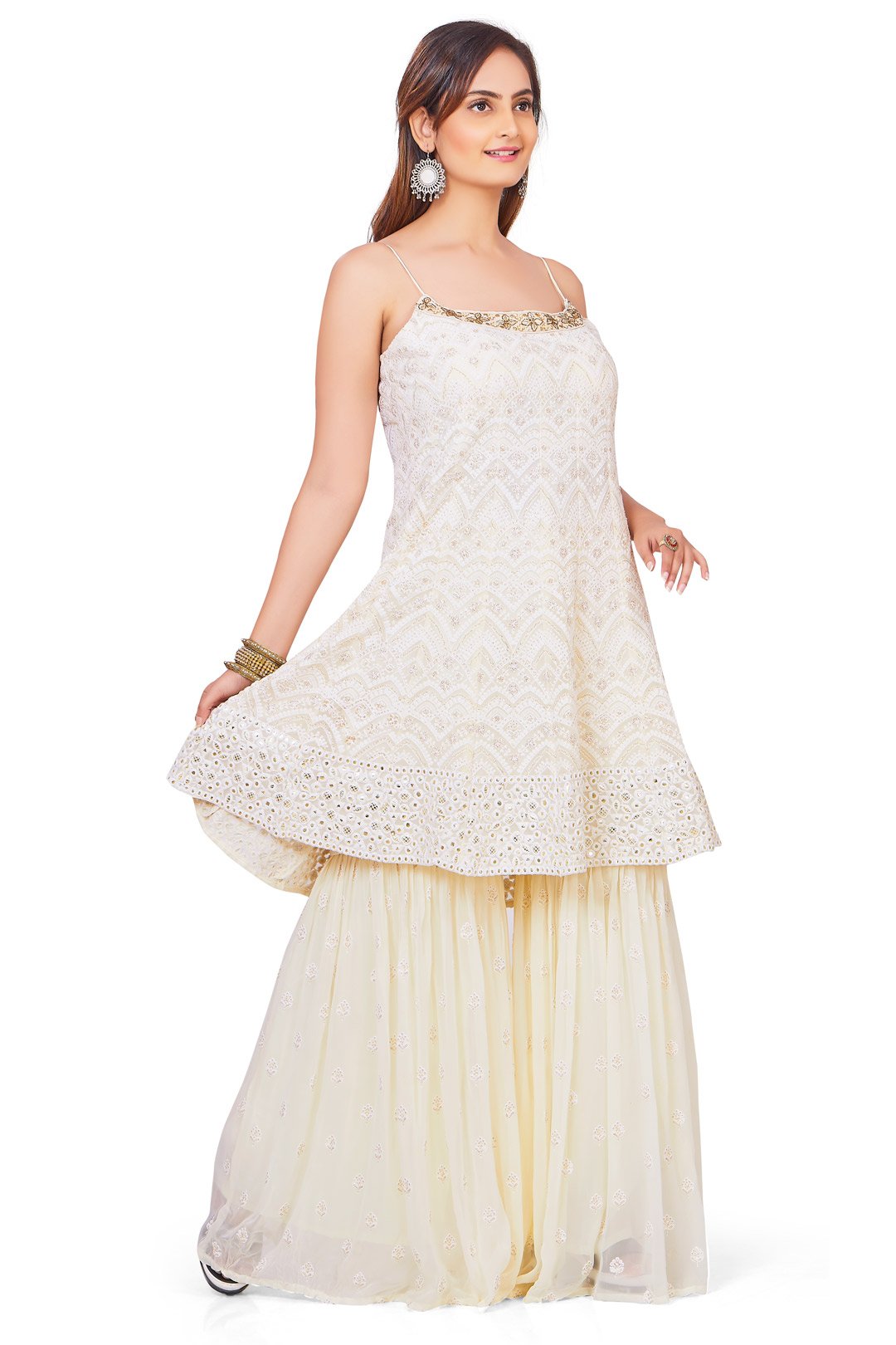 Coconut White Lucknowi Embroidered Sharara Set-AariAmi Boutique