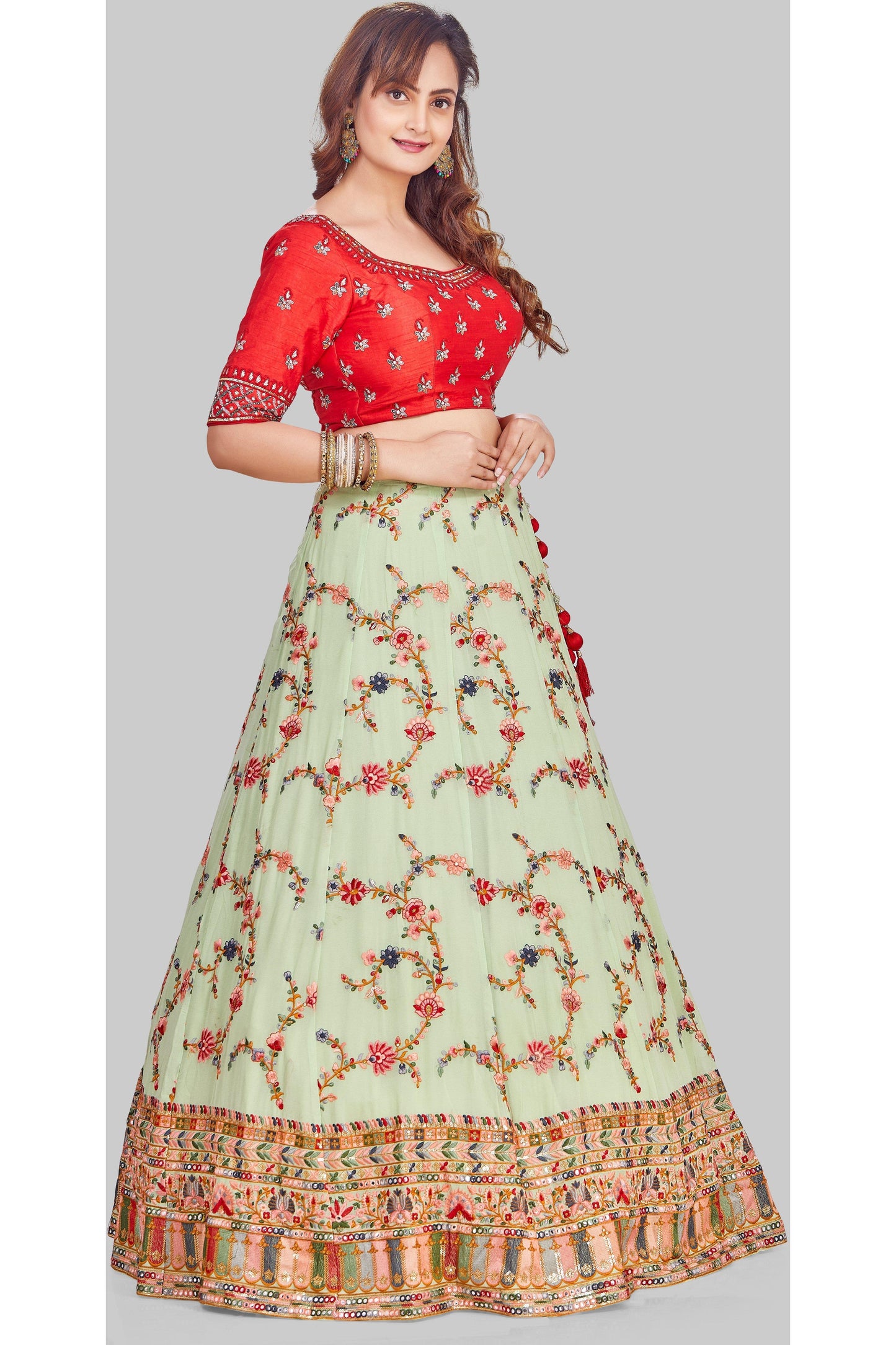 Contrasting Red and Green Embroidered Lehenga Set-AariAmi Boutique