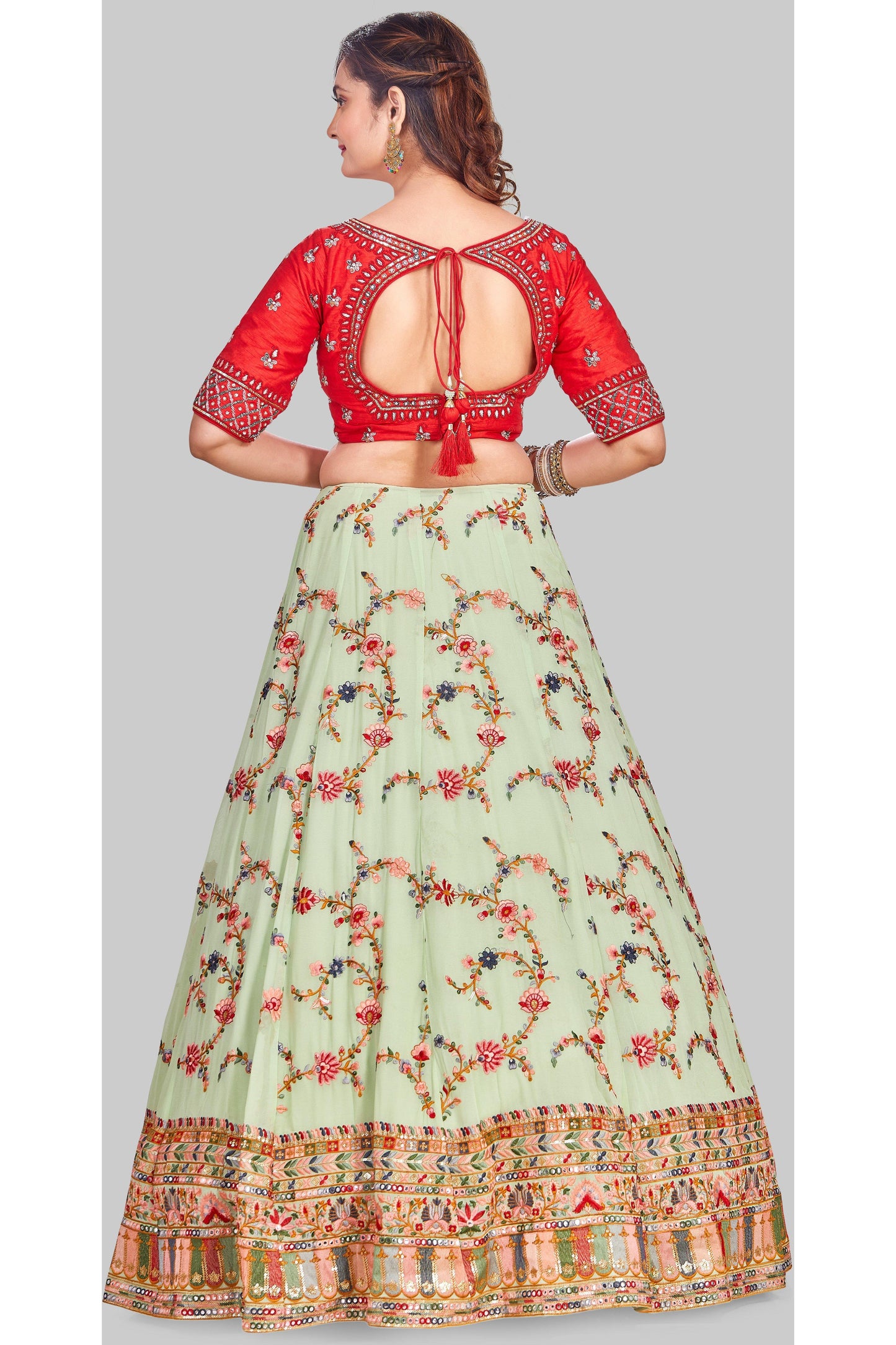Contrasting Red and Green Embroidered Lehenga Set-AariAmi Boutique