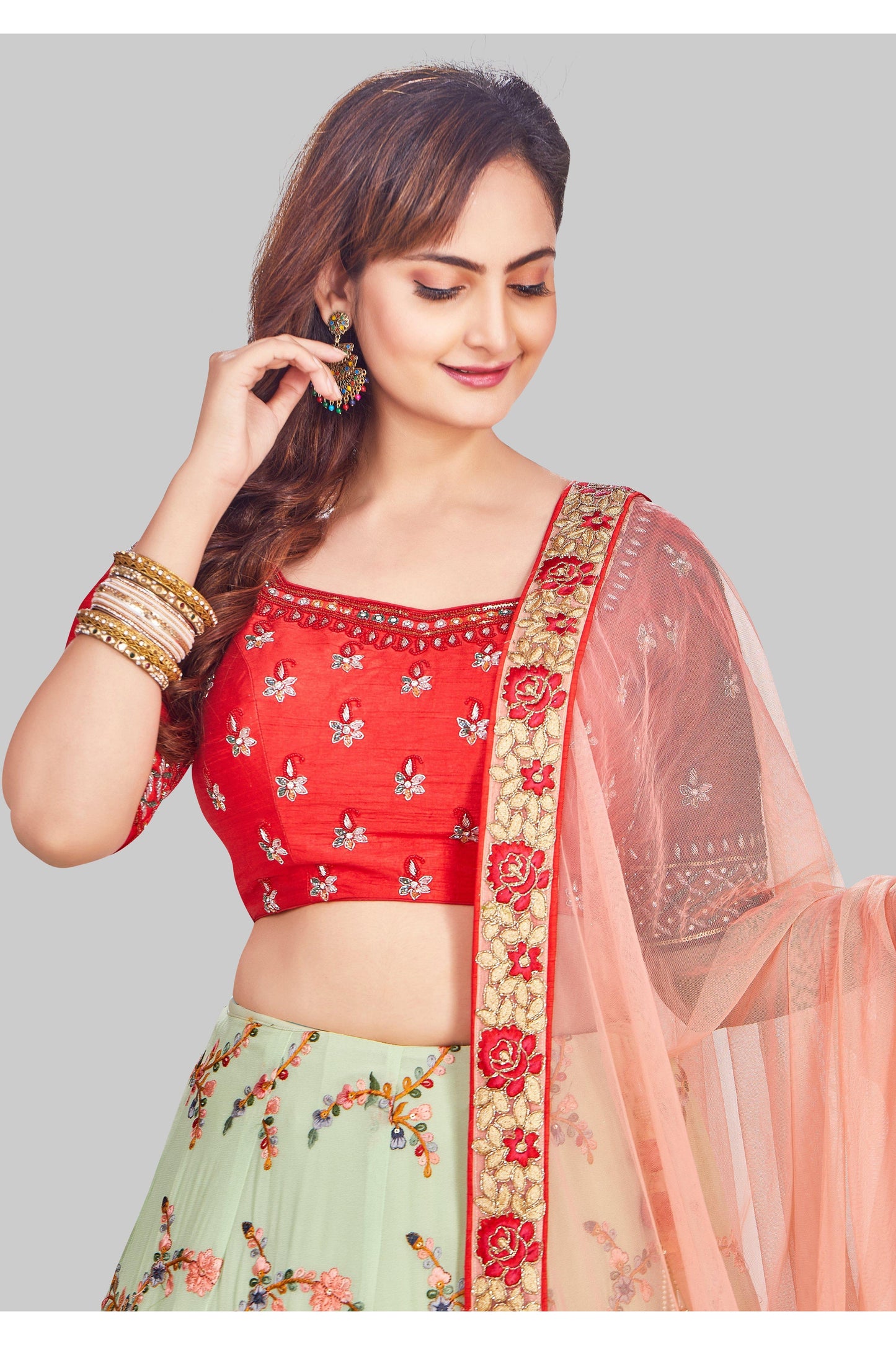 Contrasting Red and Green Embroidered Lehenga Set-AariAmi Boutique