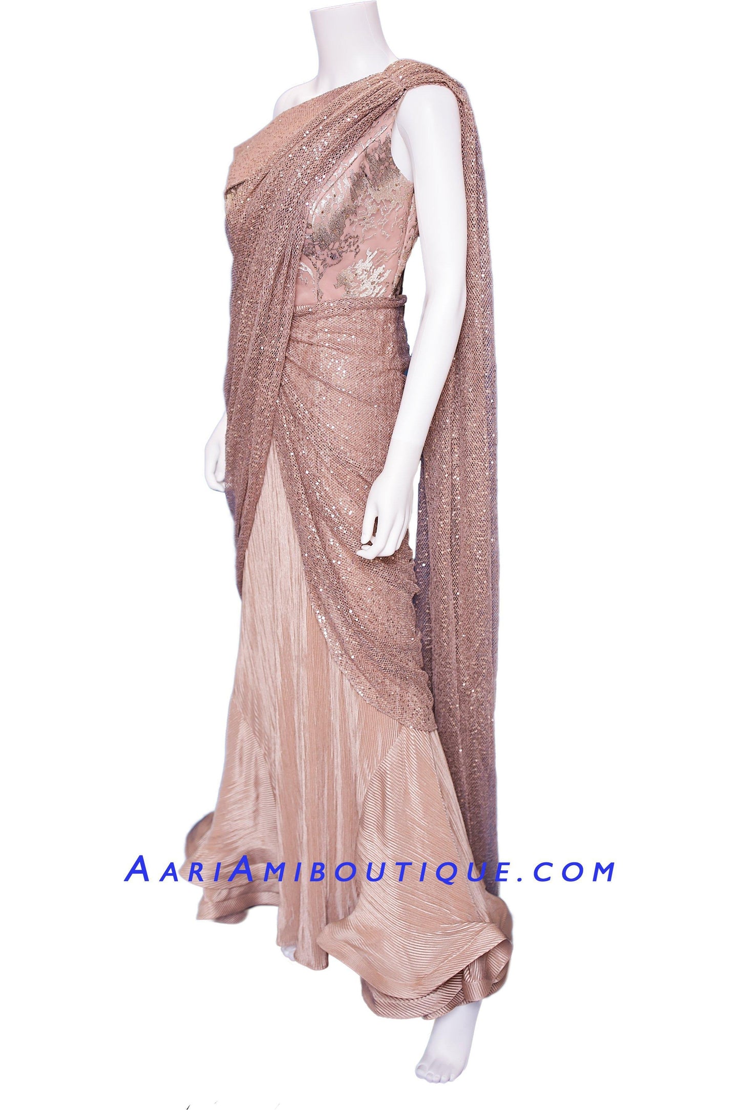 Divine Dual Beige Anarkali with Dupatta stitched in a Saree Drape Pattern-AariAmi Boutique