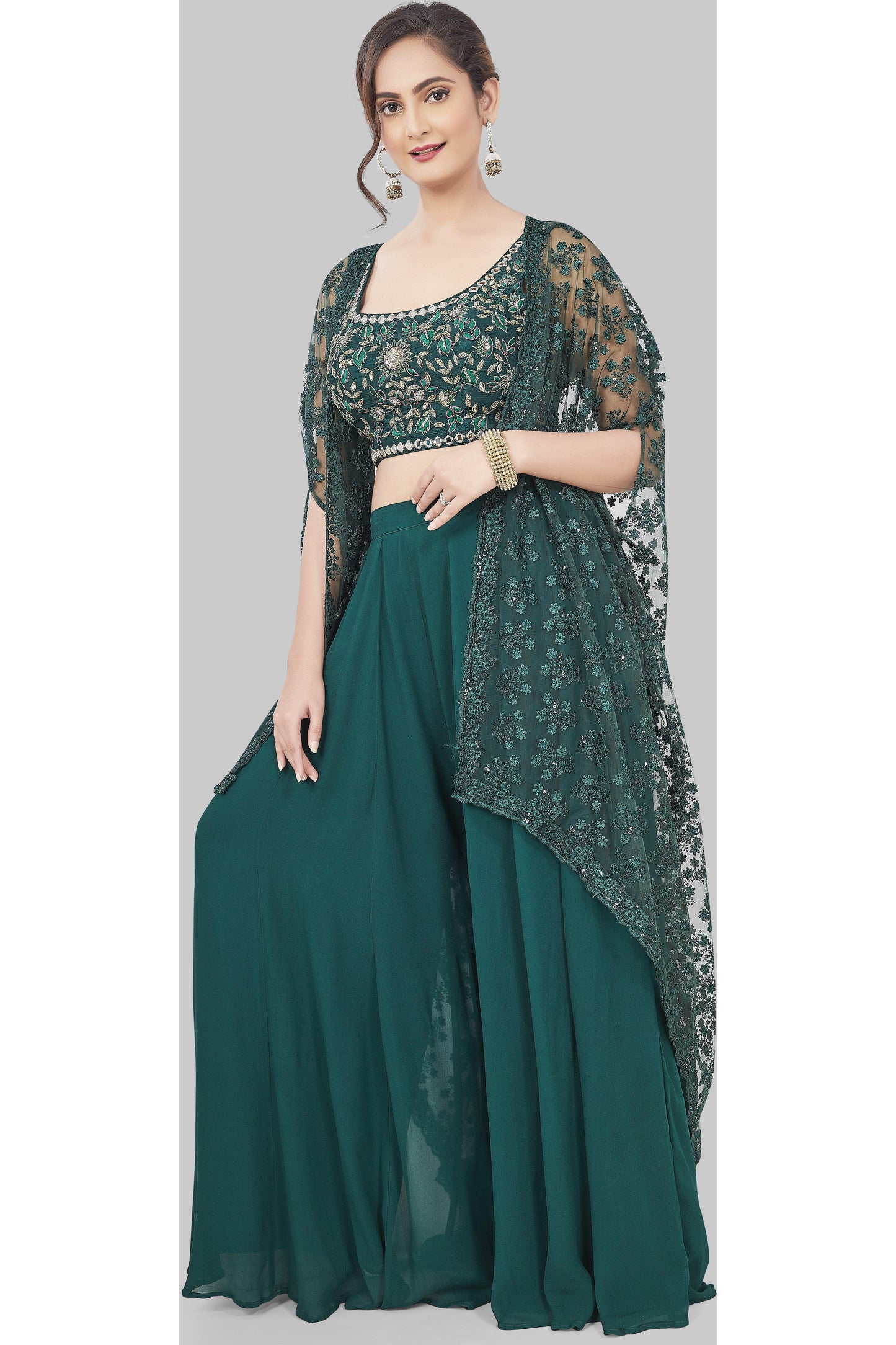 Elegant Emerald Green Sharara Set with Cape-AariAmi Boutique